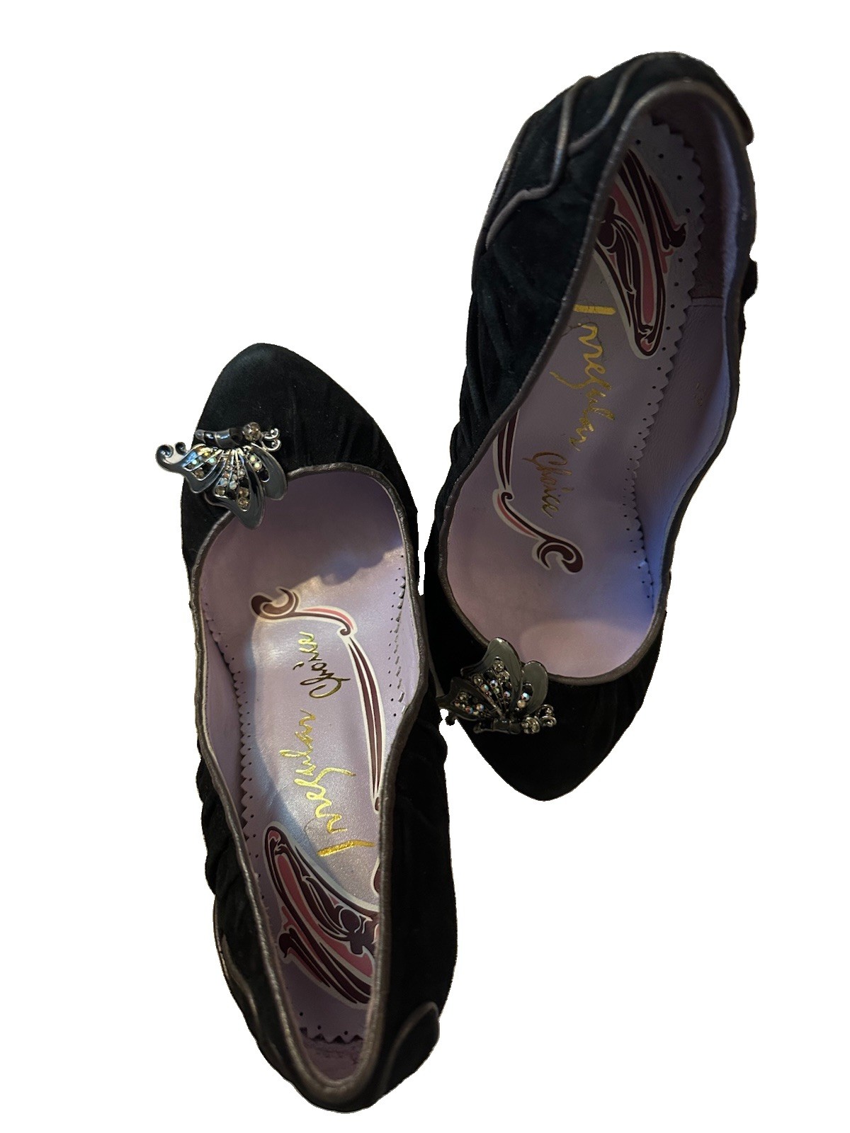 Irregular Choice Black Suede Closed Toe Pump Rhinestone Butterfly Stiletto