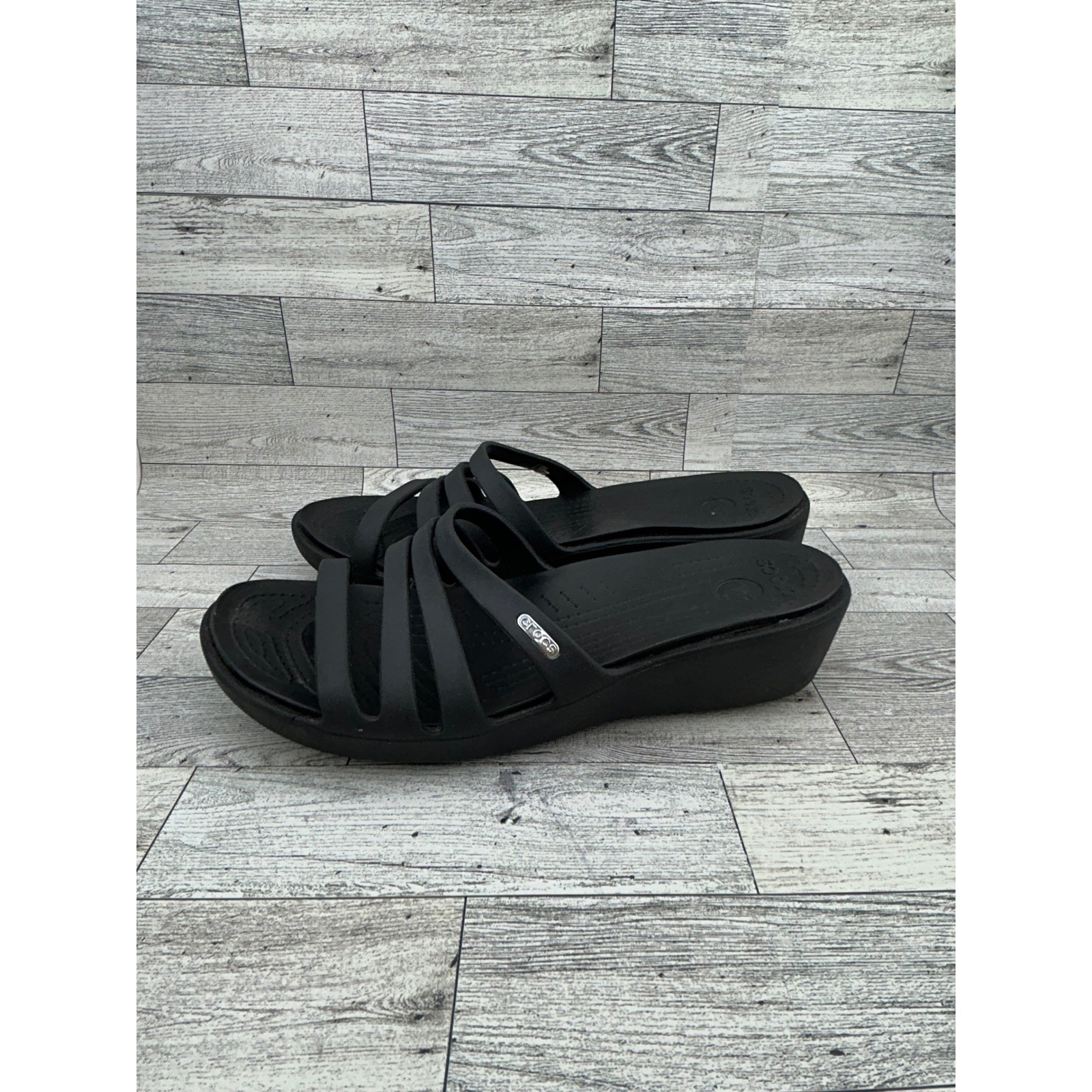 Crocs Women’s Rhonda Black Multi Strap Wedge Sandals Slides Comfort Size 11