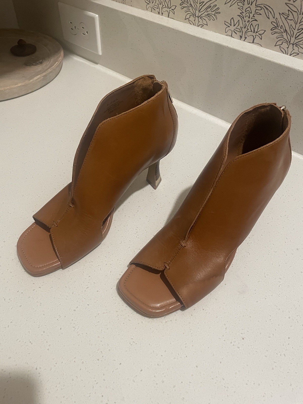 Vince Camuto Brown Leather Open Toe Square Toe Cone Heel Booties Zip Accent
