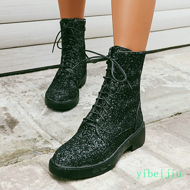 Women’s Glitter Sequins Ankle Boots Lace Up Performance Cosplay Shoes Plus Size