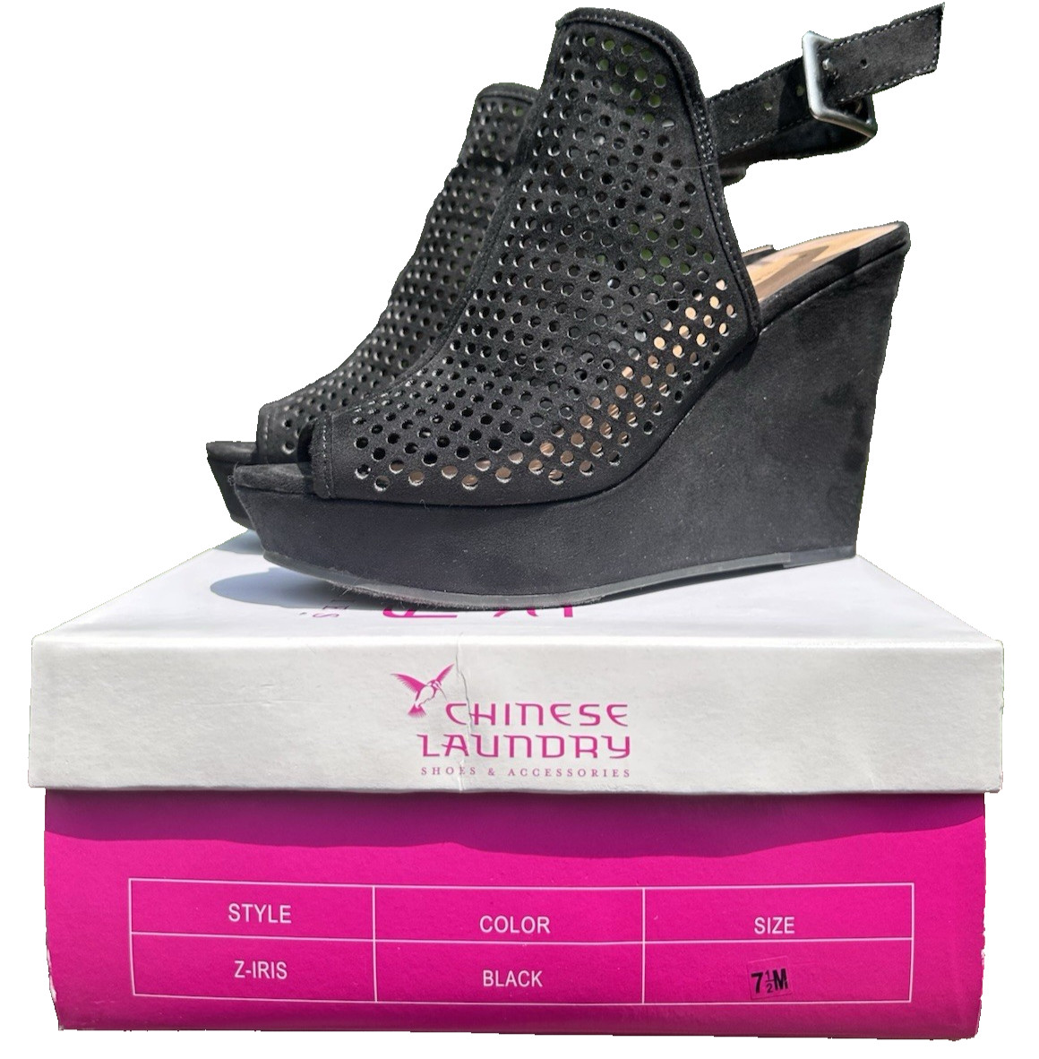 Chinese Laundry Z‑Iris Black Micro Suede Wedge Heels Size 7.5 Worn Once With Box