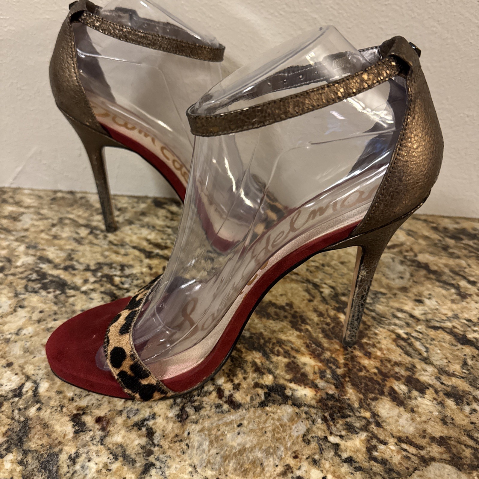 Sam Edelman Eleanor Animal Print Size 8 M Red Gold Ankle Strap Heels Shoes
