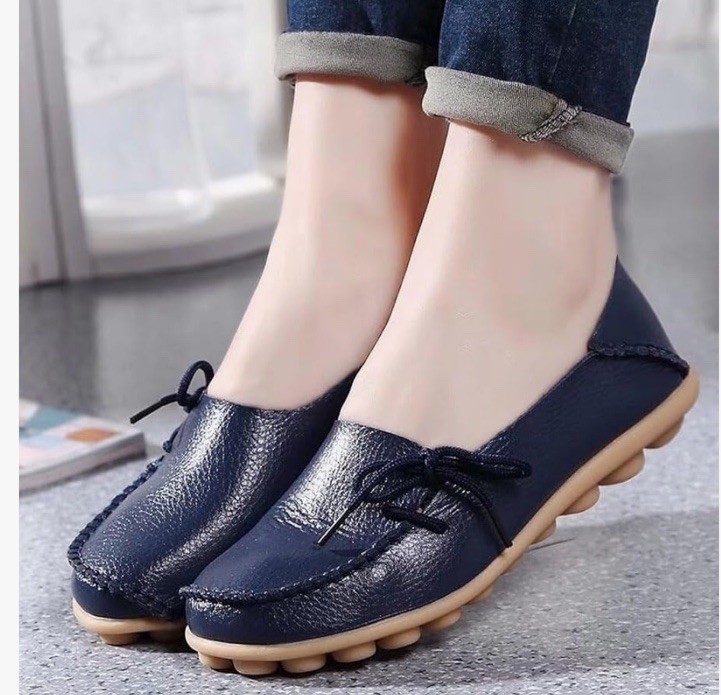 WOMENS SOFT LEATHER LOAFERS BLUE STICHED FLAT SLIP ON MOCCASIN CASUAL SHOES SZ 6