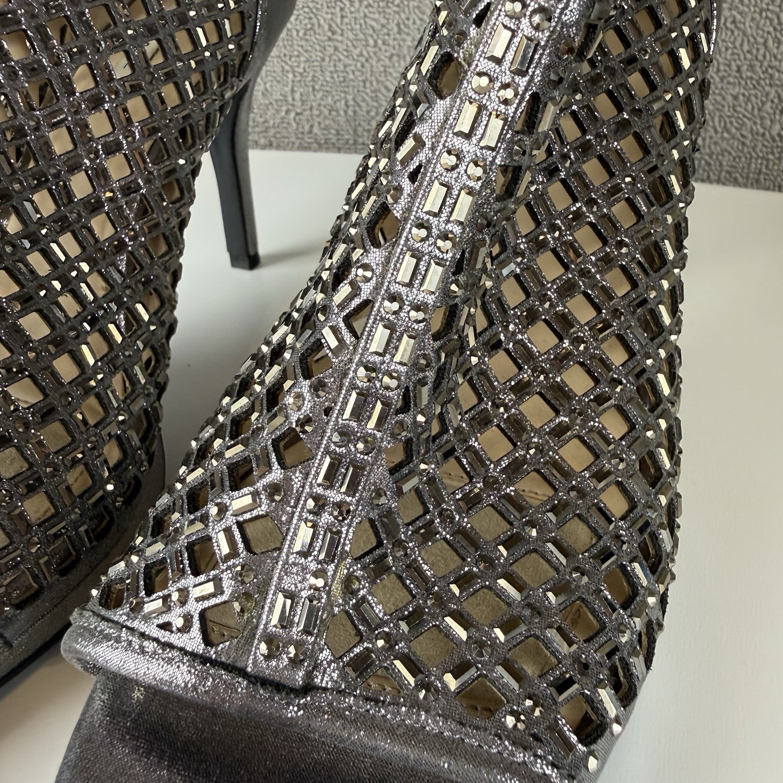 Alex Marie Silver Rhinestone Peep-Toe Stiletto Booties Wedding Party Glam Sz 8M~