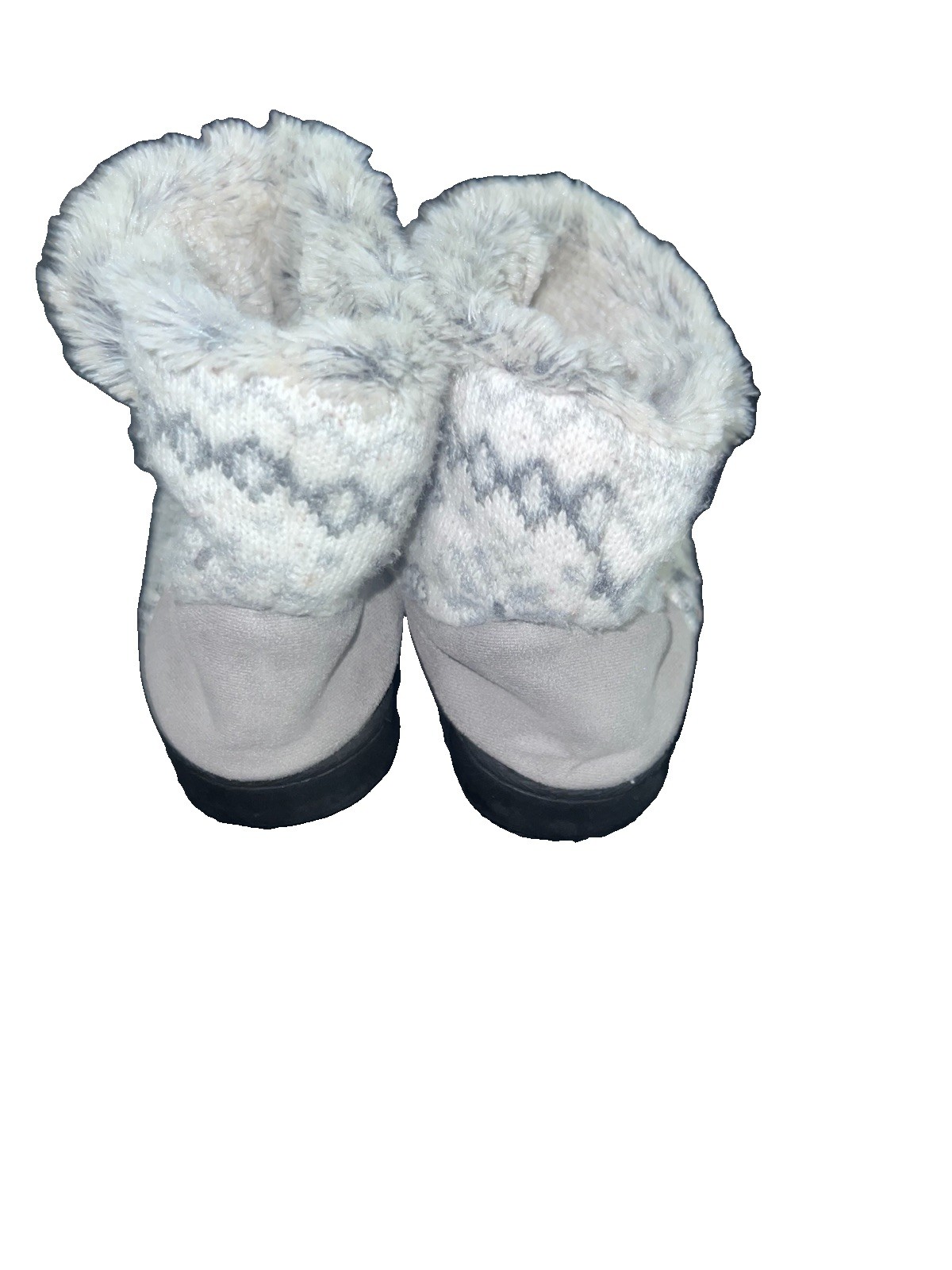 Dearfoams Women’s Bootie Slippers Fair Isle Knit Faux Fur Lined Gray 7-8