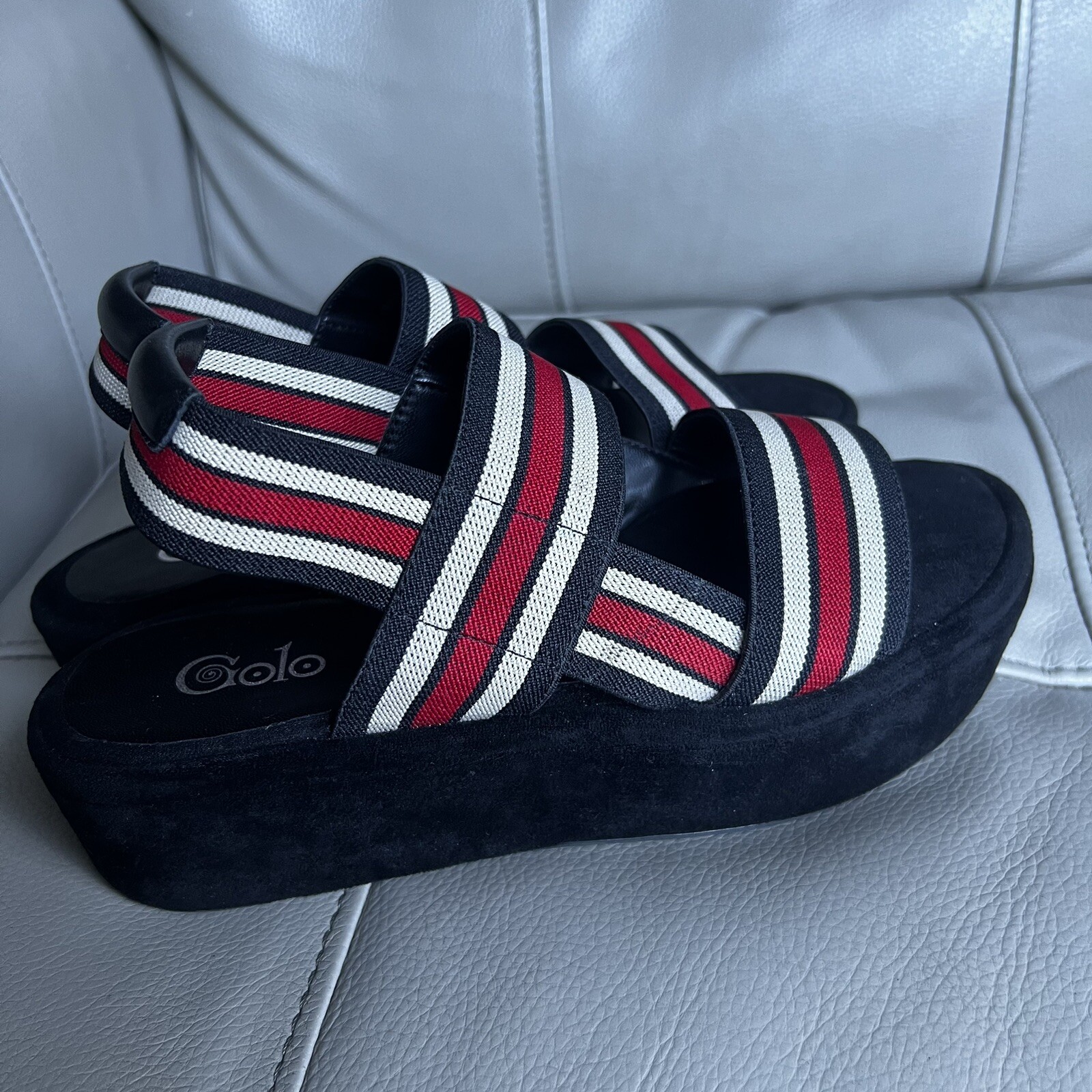 Golo Baird Elastic Strap Platform Sandal Sz 7 Black Red White Chunky Striped