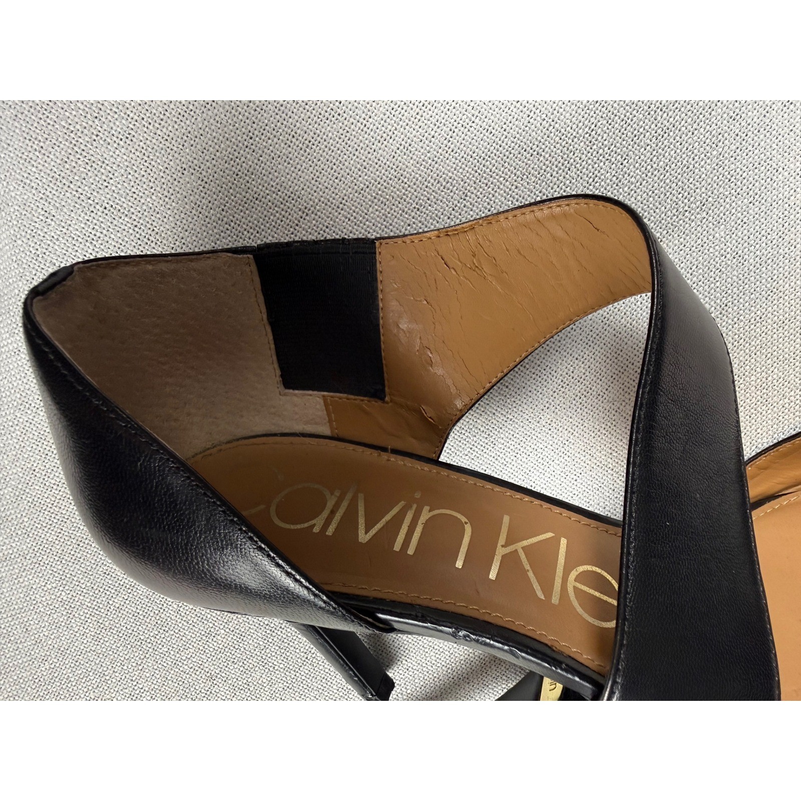 Calvin Klein Women Black Leather Asymmetrical D’Orsay Pointed Toe Stiletto Heels