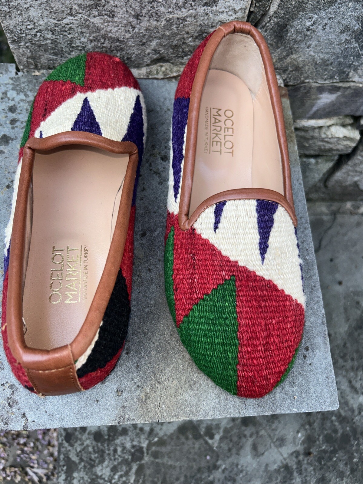 Ocelot Market Turkish Kilim Rug Loafer Flats Leather Sz EU 38 US 7 7 1/2 EUC