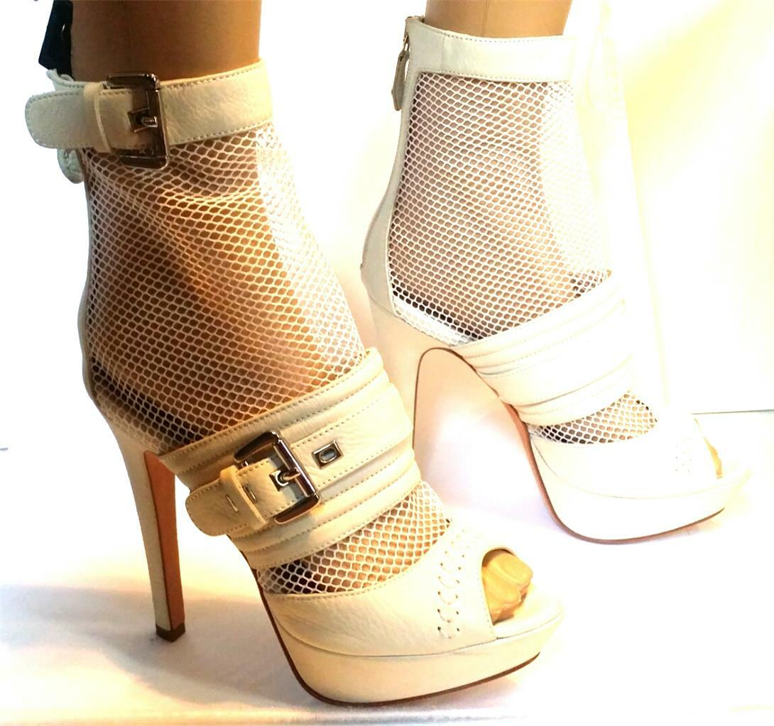 New Just Cavalli Xoda Off White Mesh and Leather Open Toe Bootie Heels 37.5 NIB