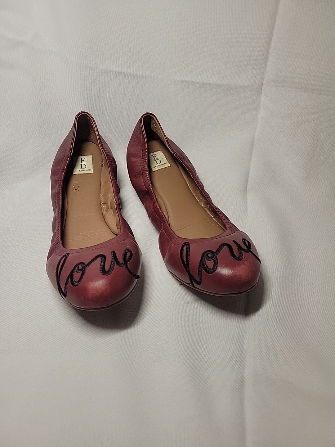 ED Ellen Degeneres Langston Ballet Flat Burgundy 7.5M Embroidered Love Leather