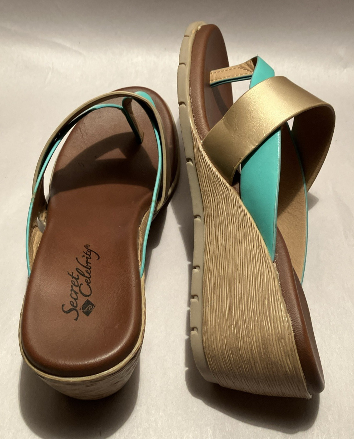 New Secret Celebrity Eclipse Women 8M Turquoise/Gold Strap 2″ Wedge Heel Sandals
