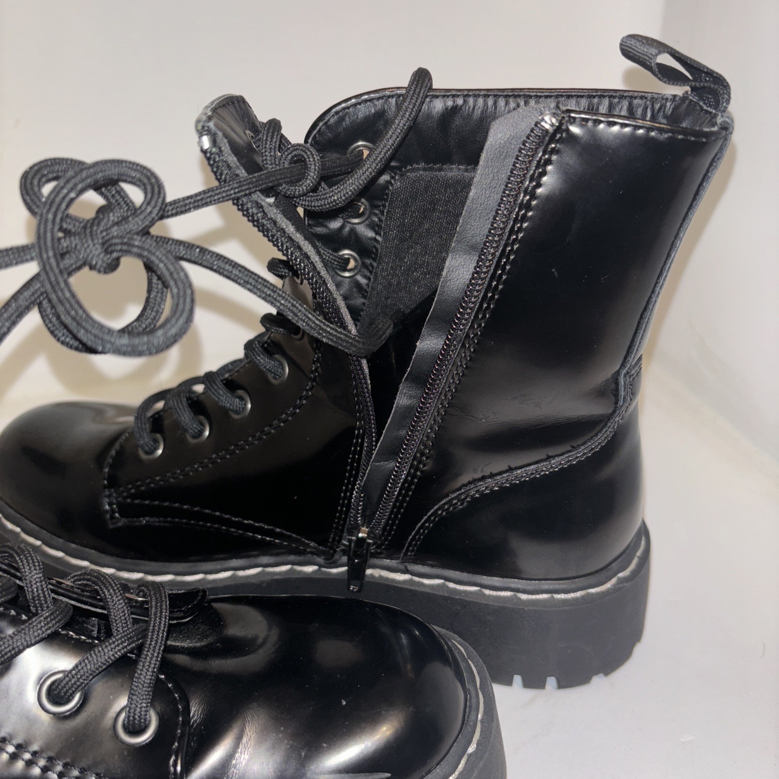 Sincerely Jules Harley Black Patent Leather Combat Boot Side Zip Gothic Punk 6.5