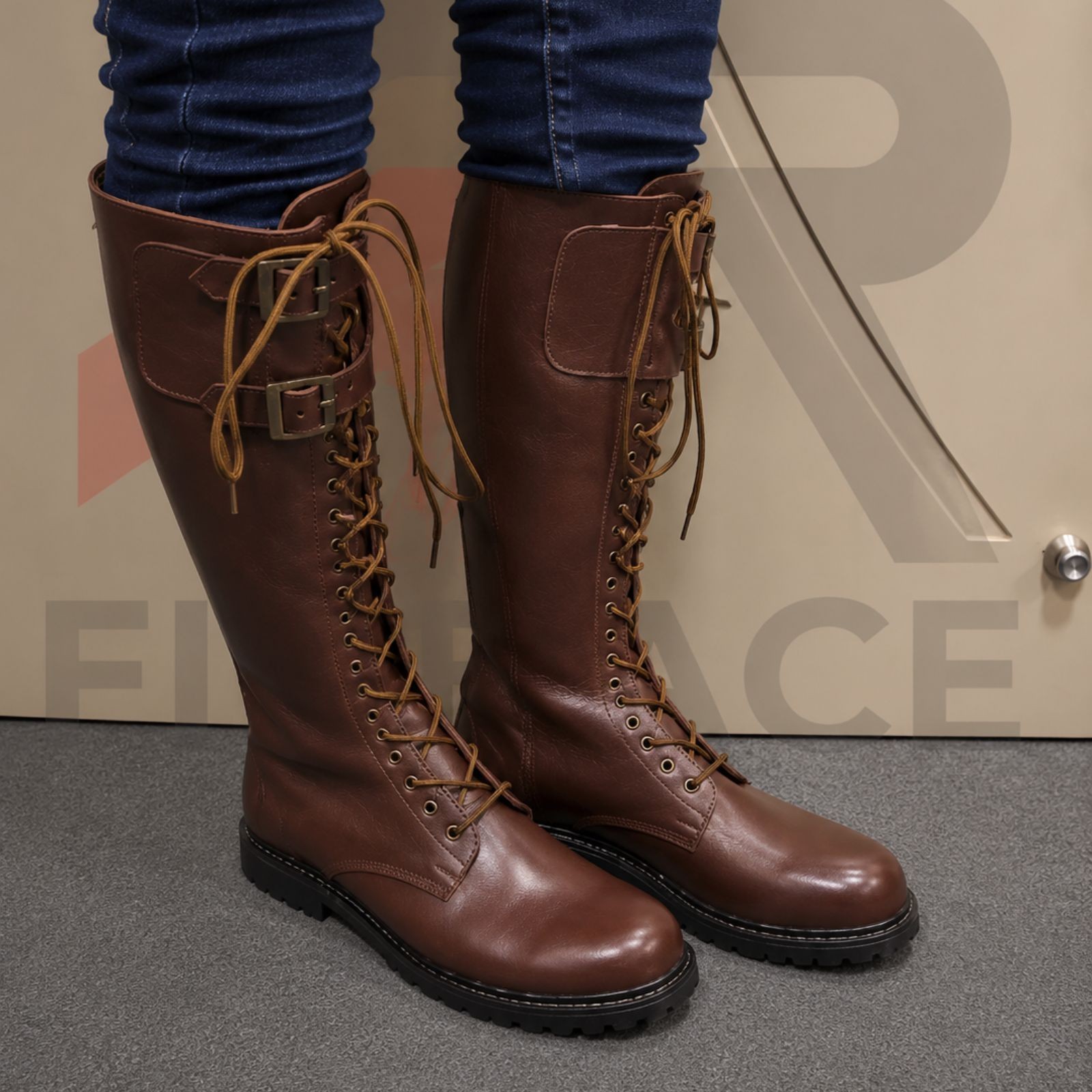 Handmade Men’s Brown Leather Lace Up Boots Military Style Rubber Sole Long Boot