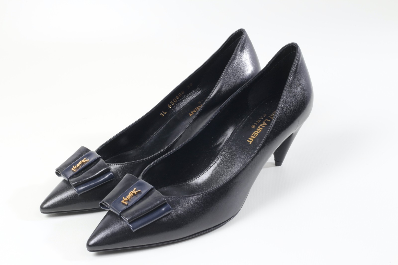 Saint Laurent Anais Logo Black Leather Bow Pumps Heels Designer EU Size 38 YSL