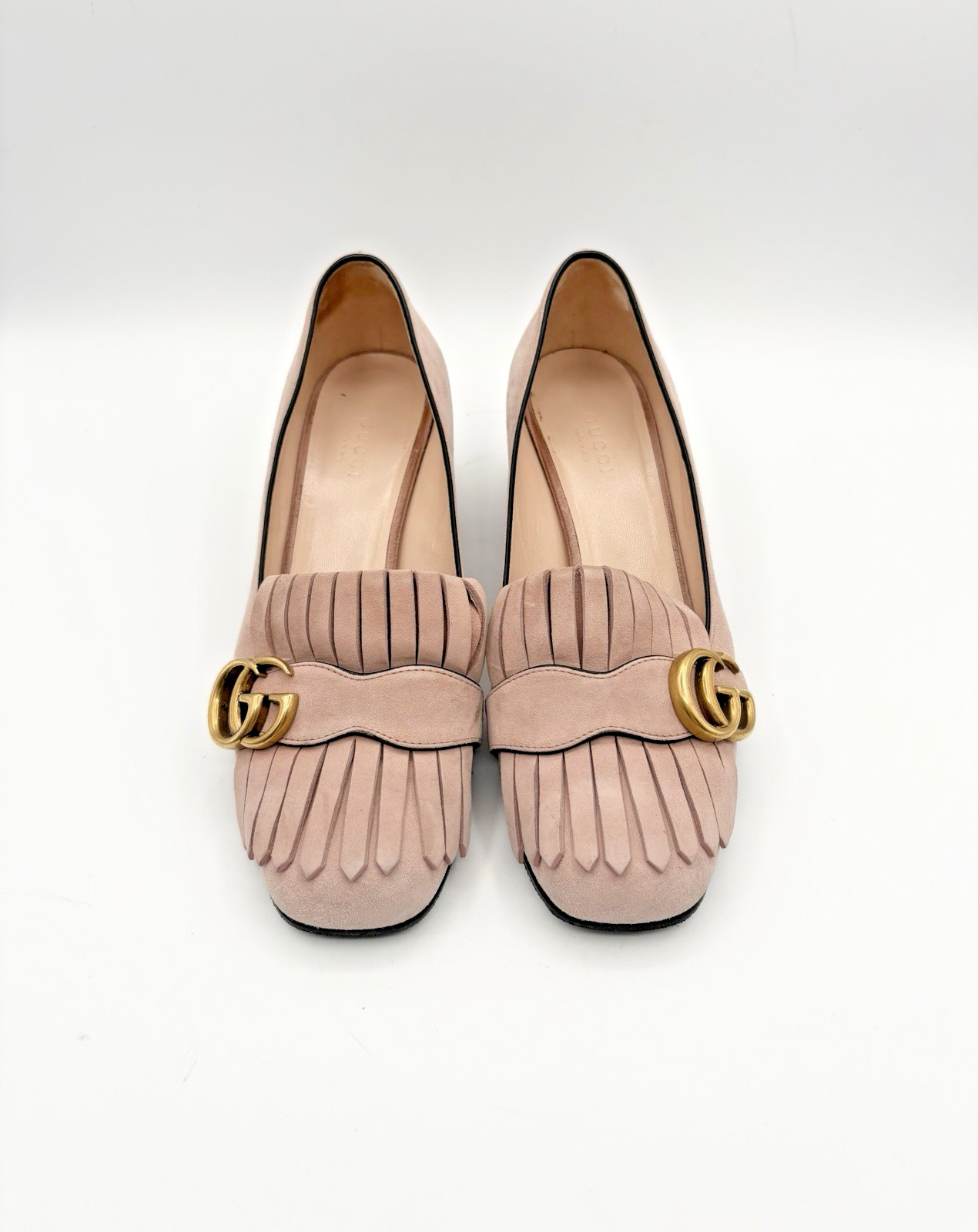 Gucci Pink Suede Fringe Marmont GG Logo Block Heel Low Heel Pumps Size EU 37
