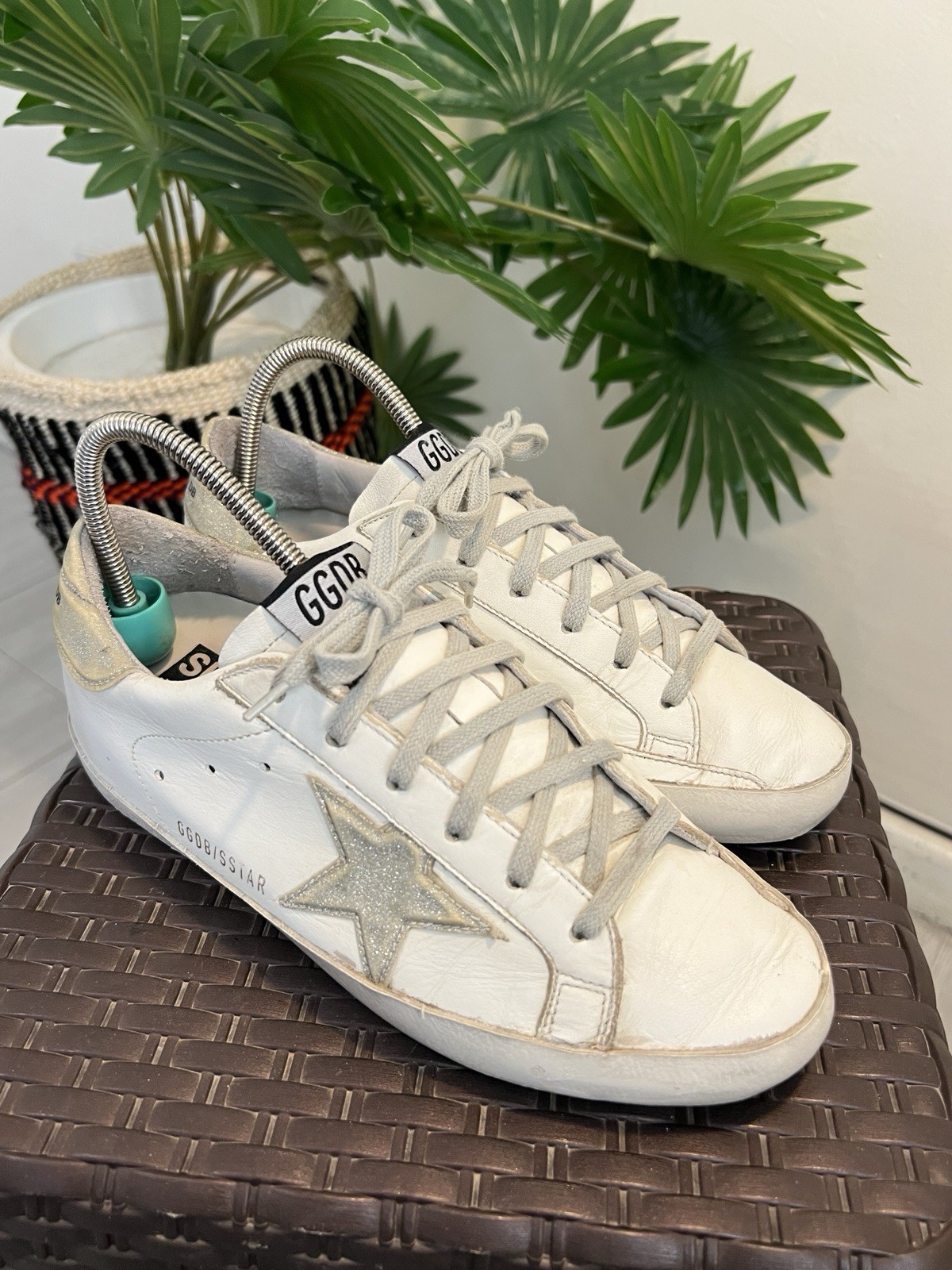 Golden Goose White/Green Leather And Suede Superstar Sneakers US 6.5