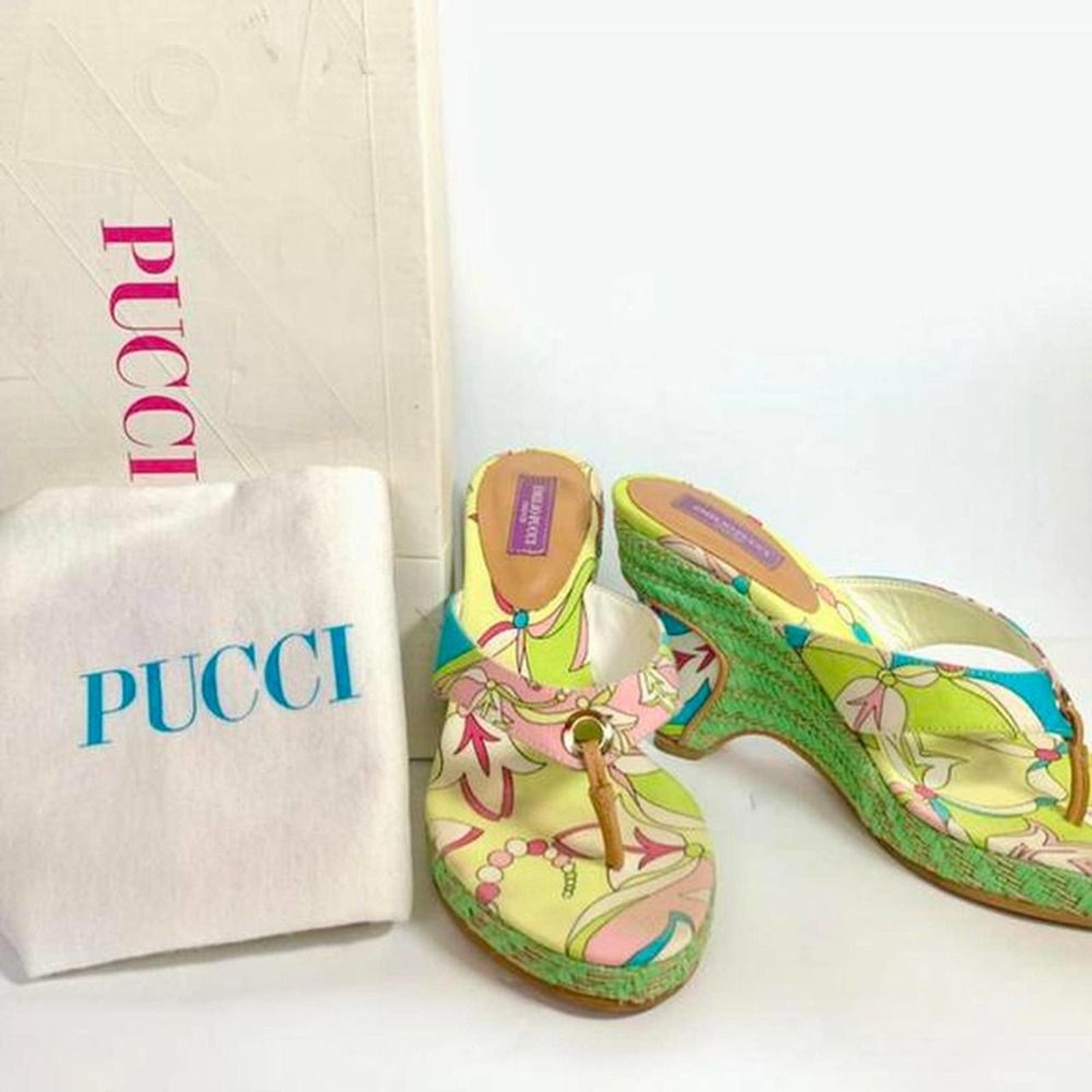 Emilio Pucci Abstract Psychedelic Multicolo Heeled Flip Flop Wedges Size 35
