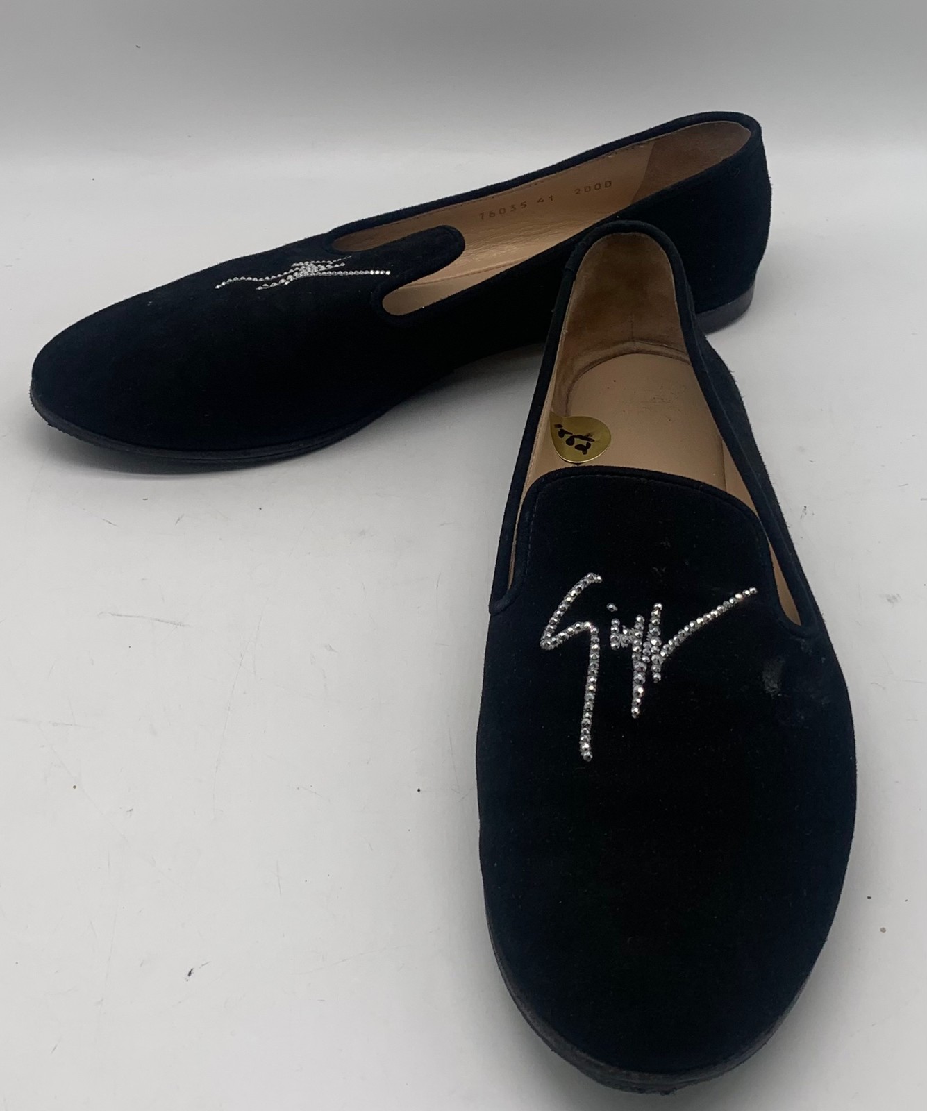 Giuseppe Zanotti Design Womens Black Suede Crystal Logo Slip On Loafers sz 41