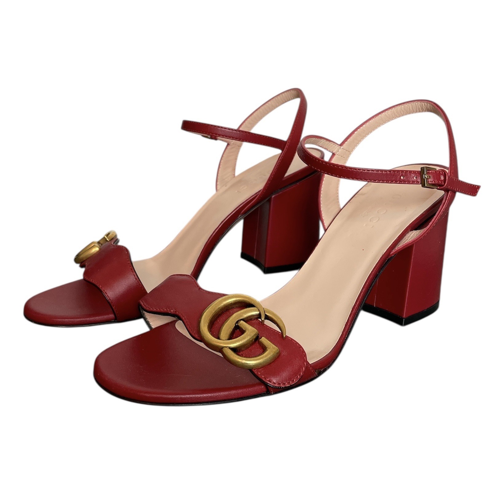 GUCCI Marmont Block Heel GG Logo Sandals Sz 35.5 Red Gold Lifford Galassia 75mm