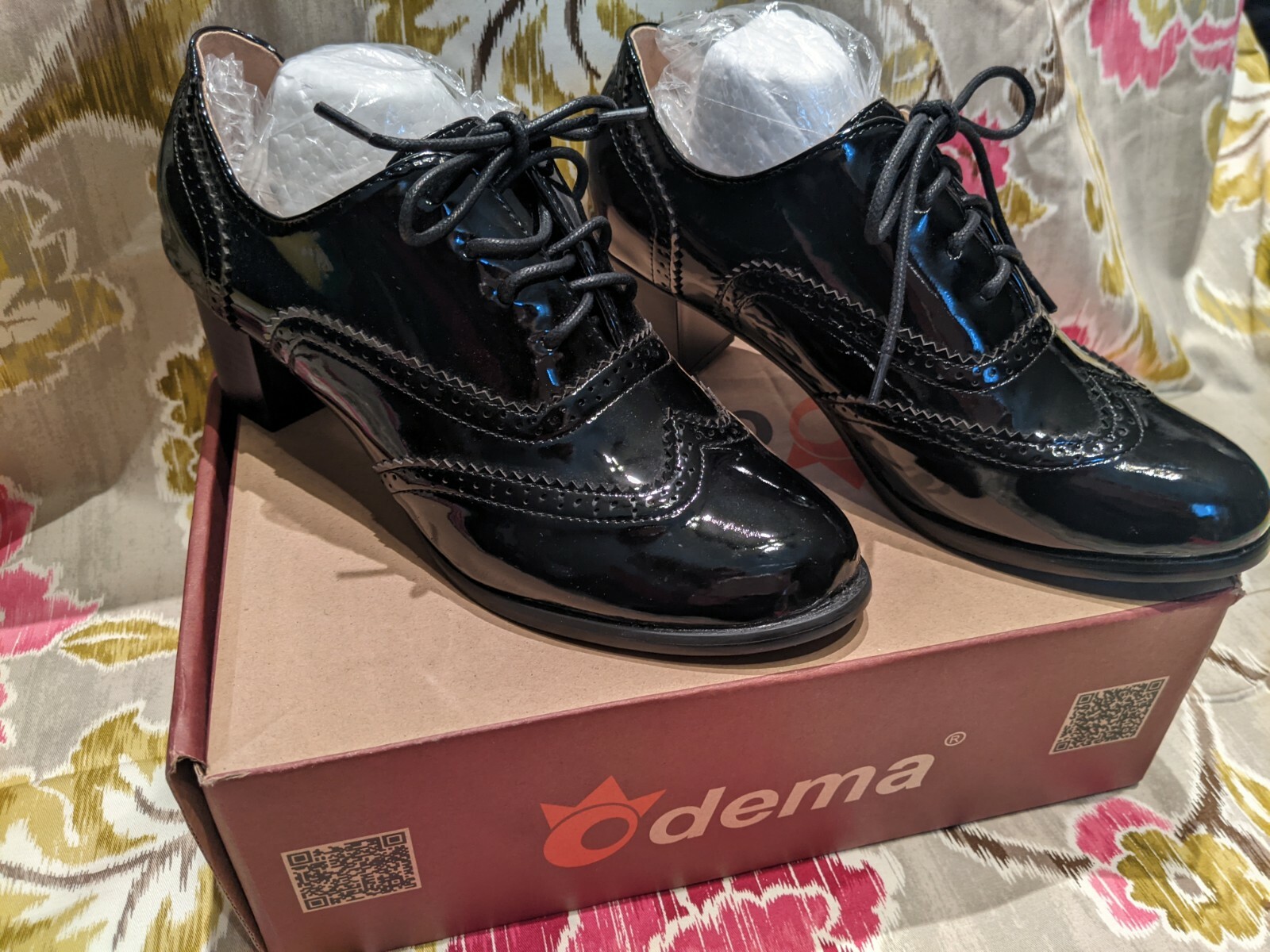 ODEMA Womens Brogue Lace Up Oxford Wing Tip Chunky Heels Patent Leather Shoes