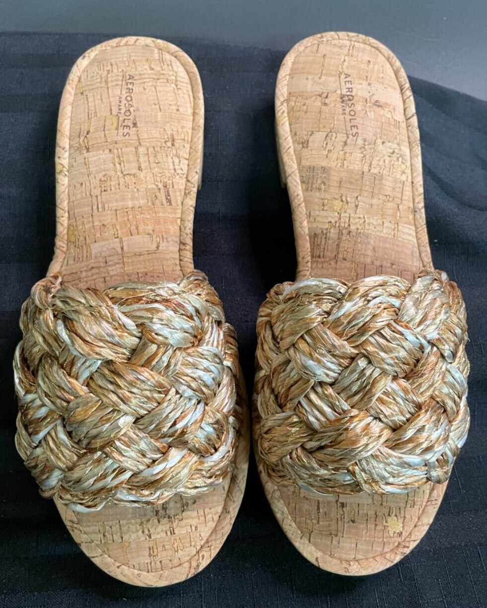Aerosoles Womens Raffia Sandals- Jolie Metallic Silver & Gold Woven sz 8 N w/o B