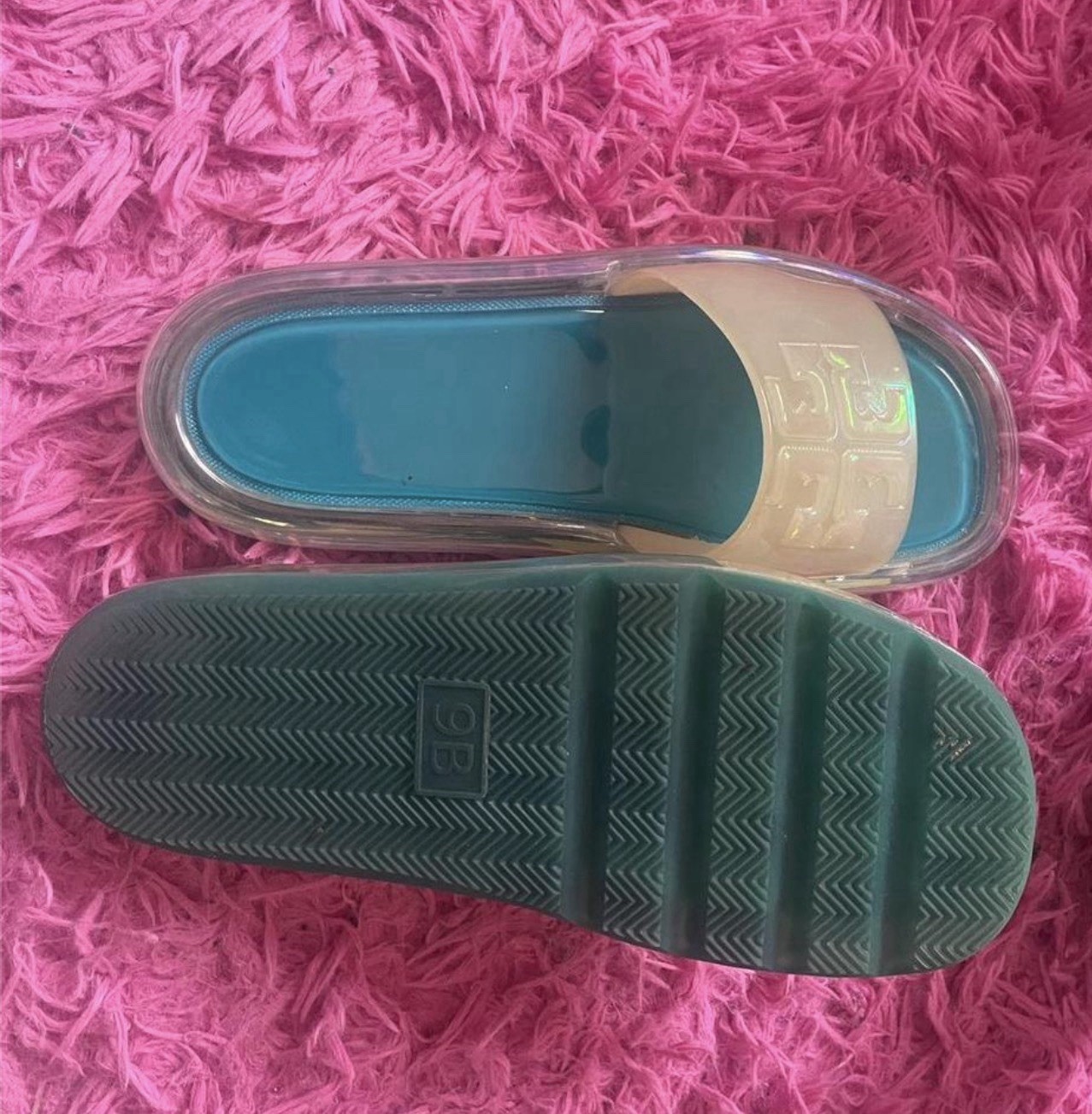 Women’s Slide Sandals Blue Footbed Clear Plastic Straps Logo Slip-On