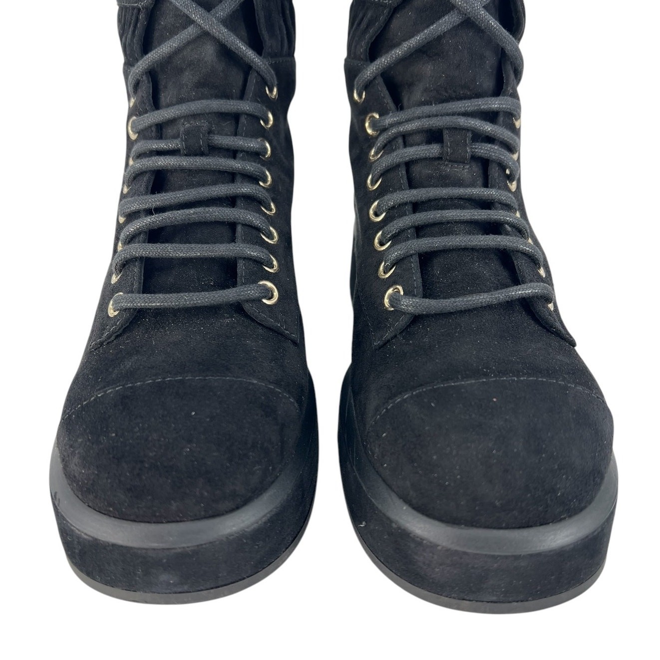 Chanel CC Suede Quilted Lace Up Combat Cap Toe Boots in Black Size 37.5
