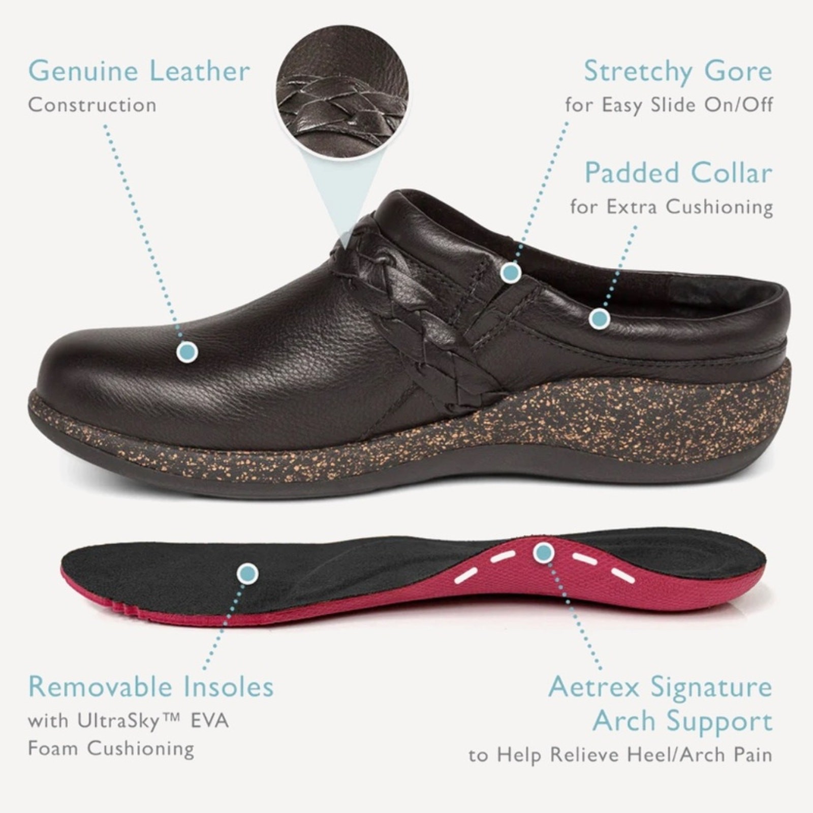 AETREX Libby Comfort Leather Clog – Black Size US6 – 6.5/EU36