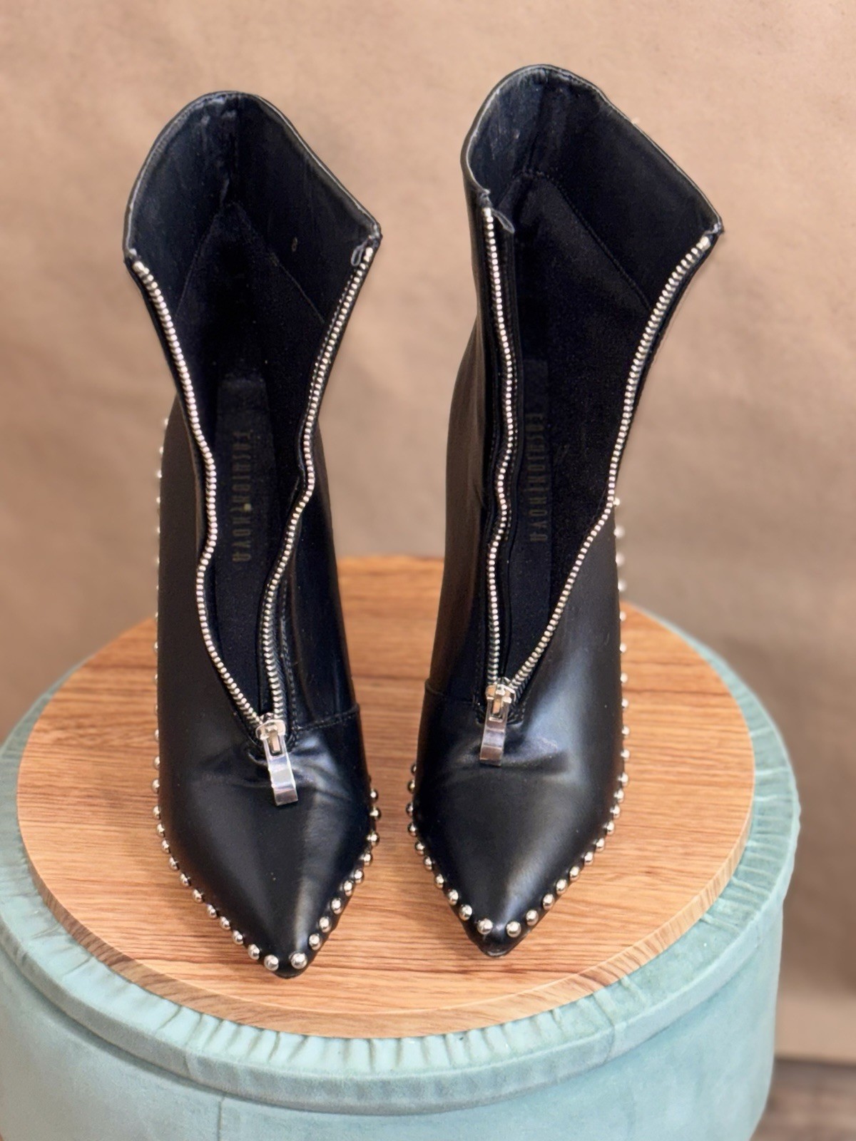 Black Studded Pointed-Toe Zip Front Stiletto Ankle Boots. Size 8