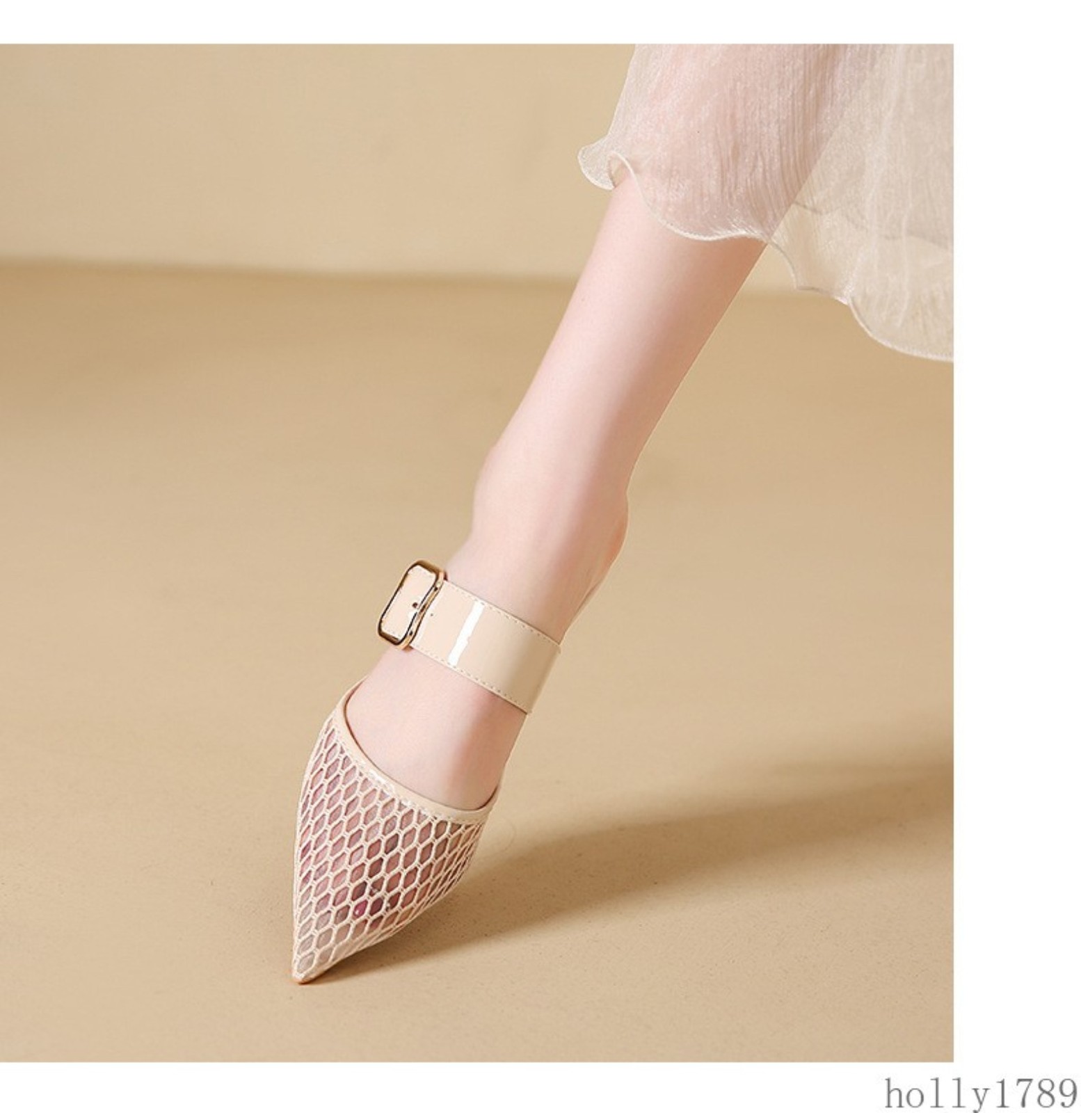 Mesh Pointed Toe Mule Heels Women Hollow Out Strap Slip on High Heel Sandals