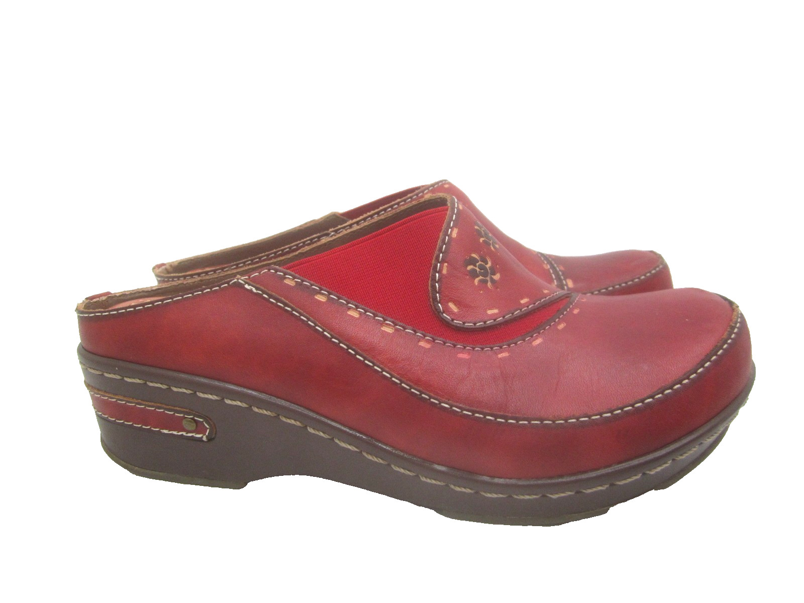 Spring Step L’Artiste Burbank Floral Red Leather Red Clog Size 7 Eur Sz 37