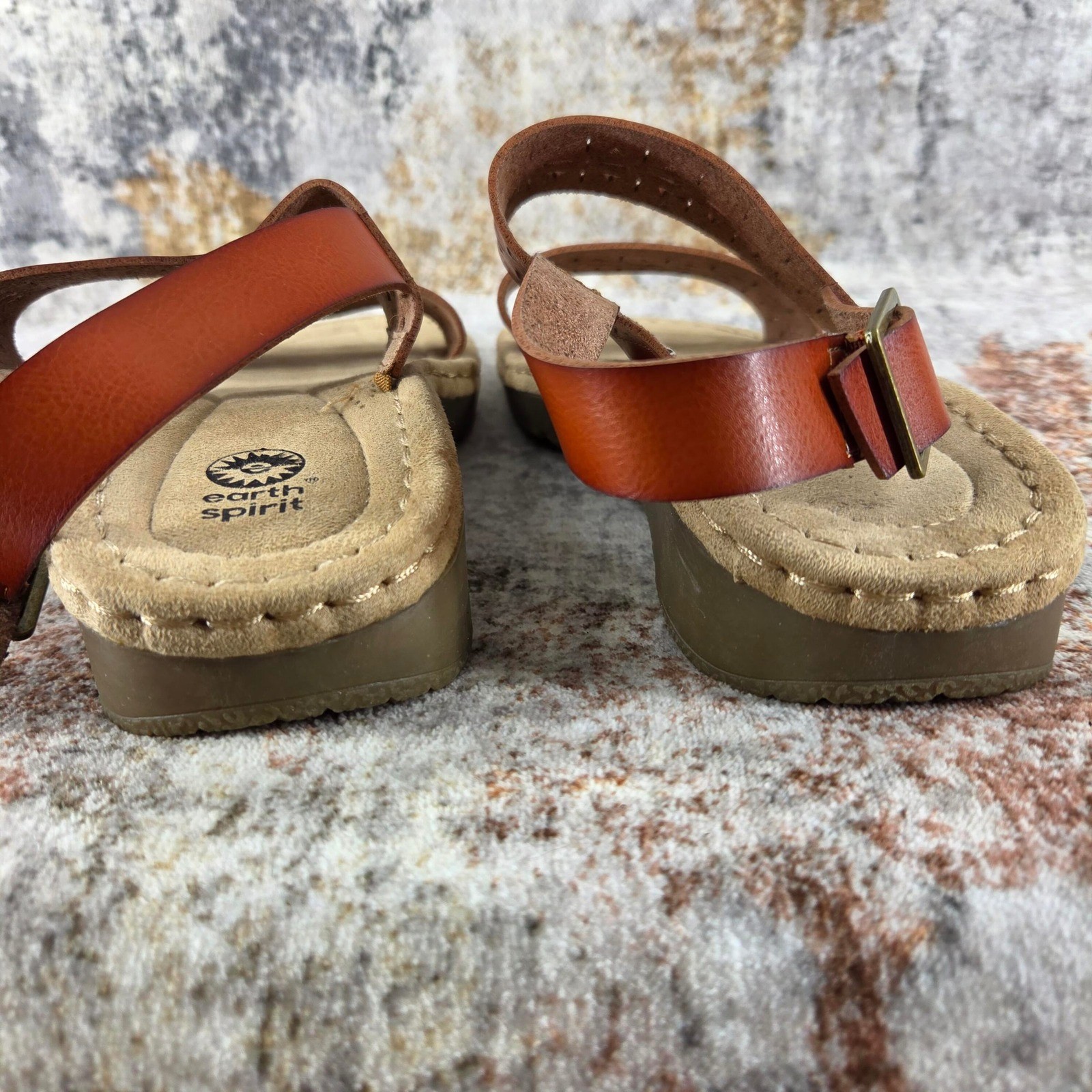 Earth Spirit Wedge Sandals Women 9.5 Cognac Brown Laser Cutout Summer Boho Beach