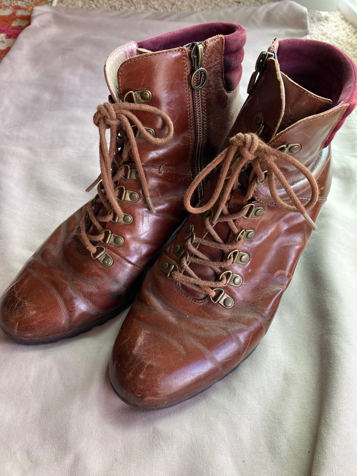 Jambu Burch Womens 10 Brown Leather Lace Up Ankle Boots Side Zip Block Heel