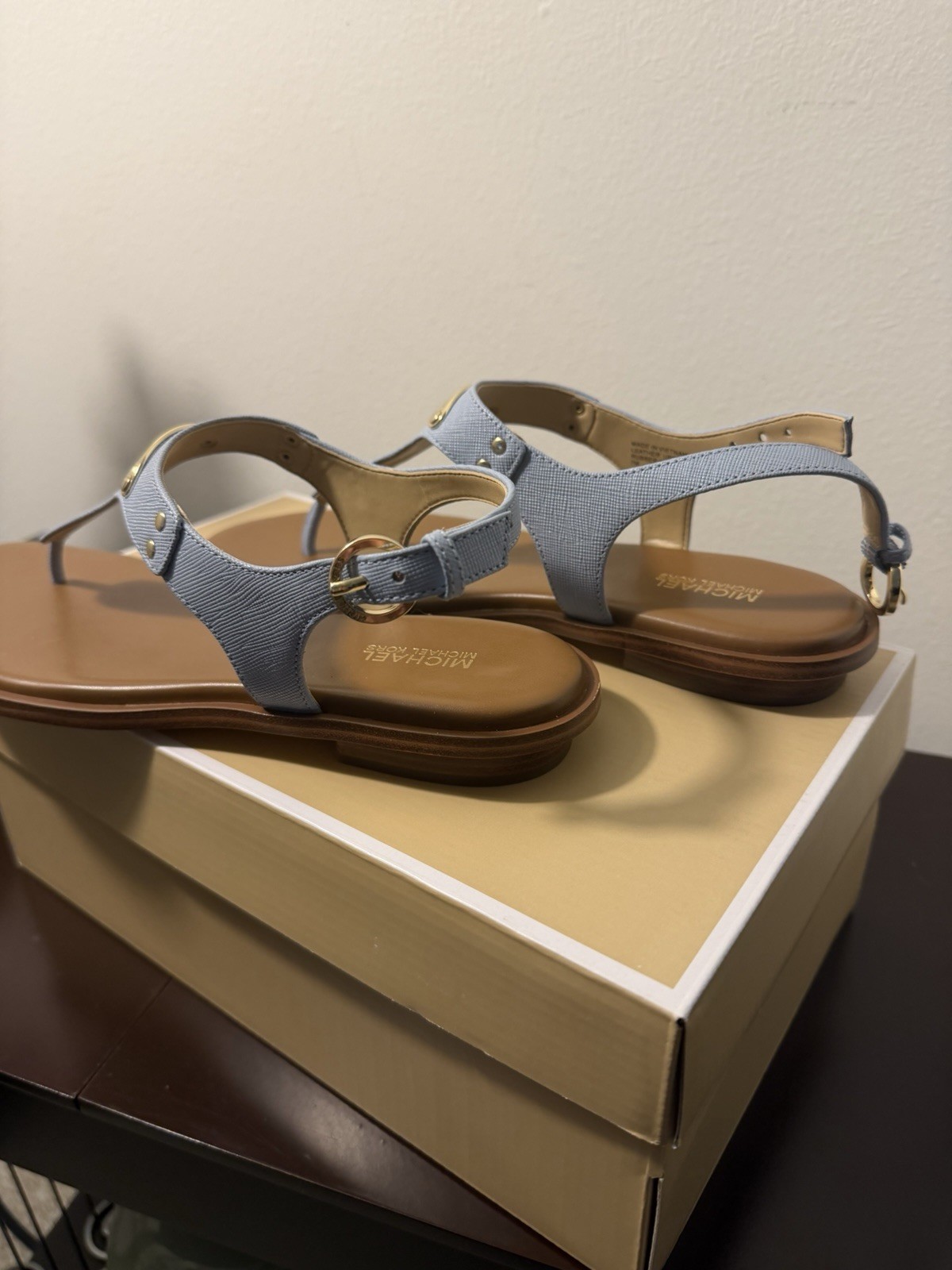Michael Kors MK Leather Plate Thong Slide Sandal, Pale Blue, Size 7M
