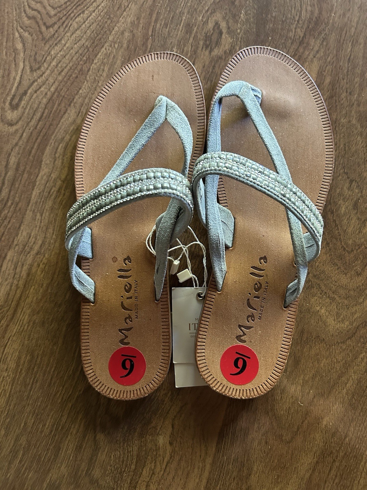 MARIELLA Sandals Size 6 Blue Gray Leather Glitter Rhinestone Thong Slides