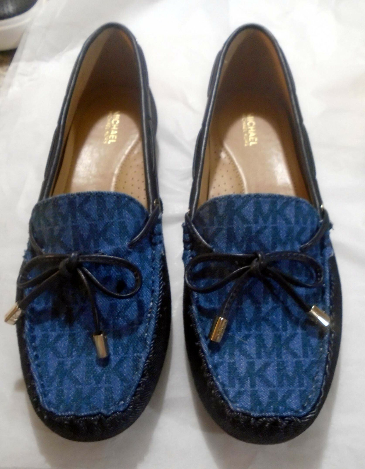 Michael Kors Lillie Brown or White MK Sutton Moc Denim or Gold Leather Flats