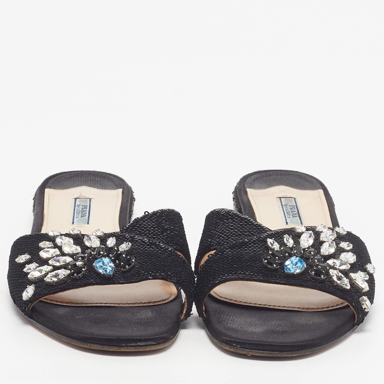 Prada Size 40 Black Sequins Crystal Embellished Flat Slides