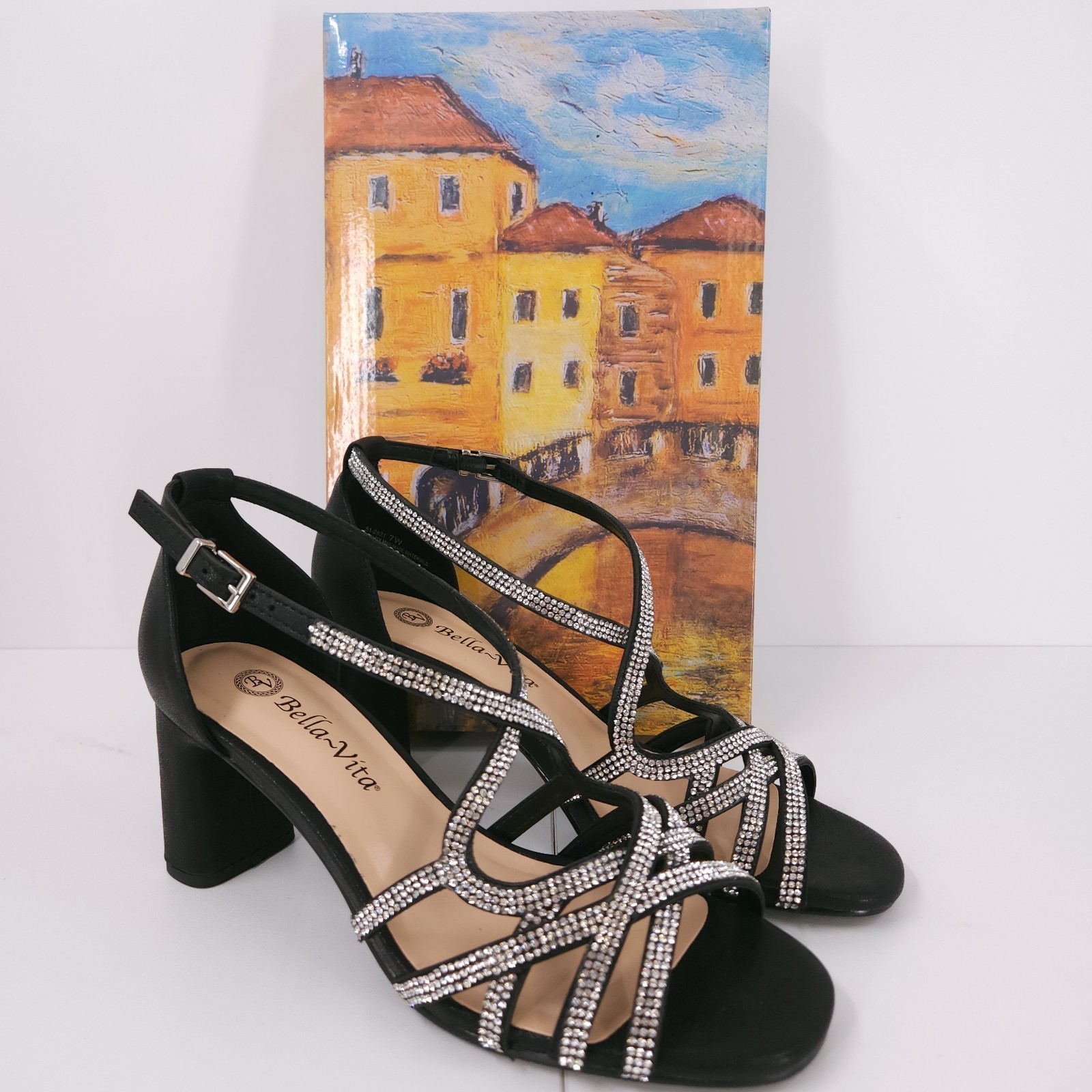Bella Vita Aliette Black Metallic Strappy Buckle Block Heel Sandal Womens 7 W