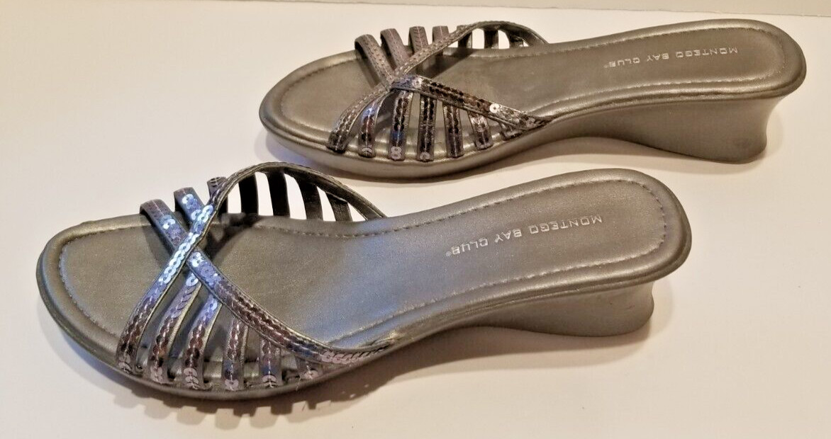 Women’s Silver Sequin Sandals Wedge Heel Slip-On Pewter US Size 9