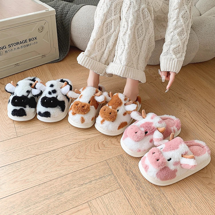 Fluffy Women’s Slippers Home Cartoon Cow Designer Winter Shoes Girls Flat Trend