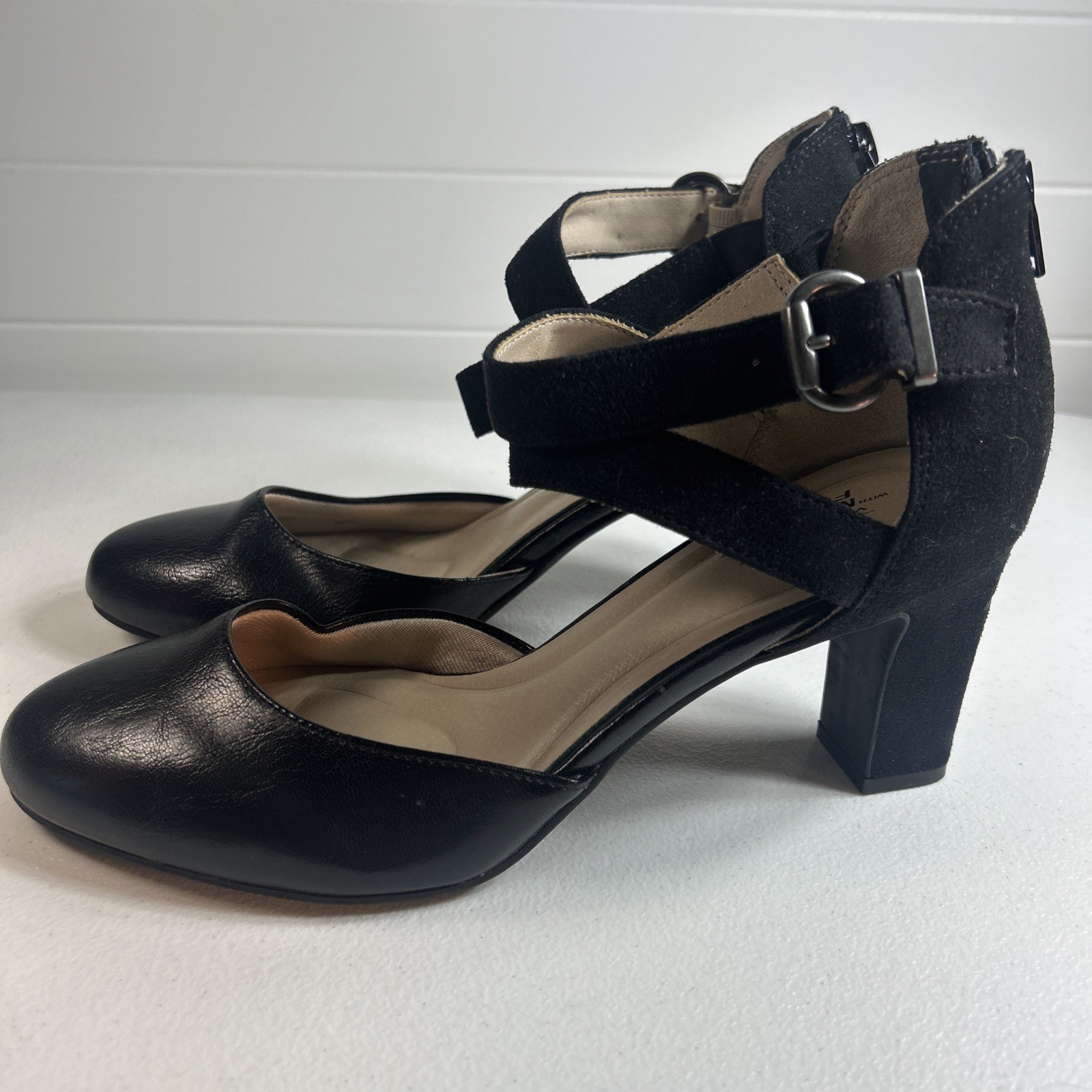 LifeStride Marlene Pumps Size 8.5 M Black Strappy Flex Comfort Zipper Heel Shoes
