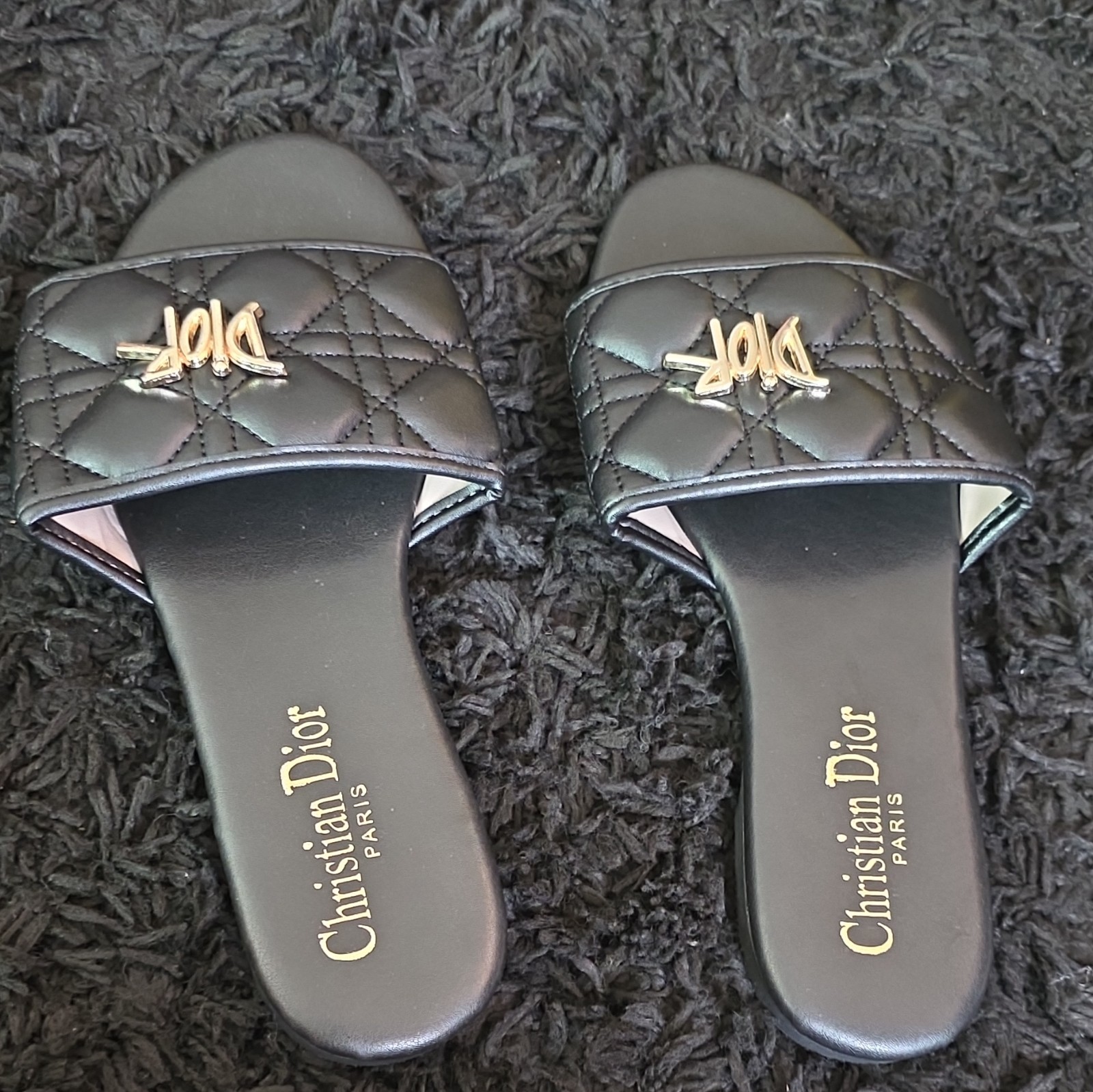 Christian Dior Women’s Black Quilted Logo Slide Sandals Slip-On Flat