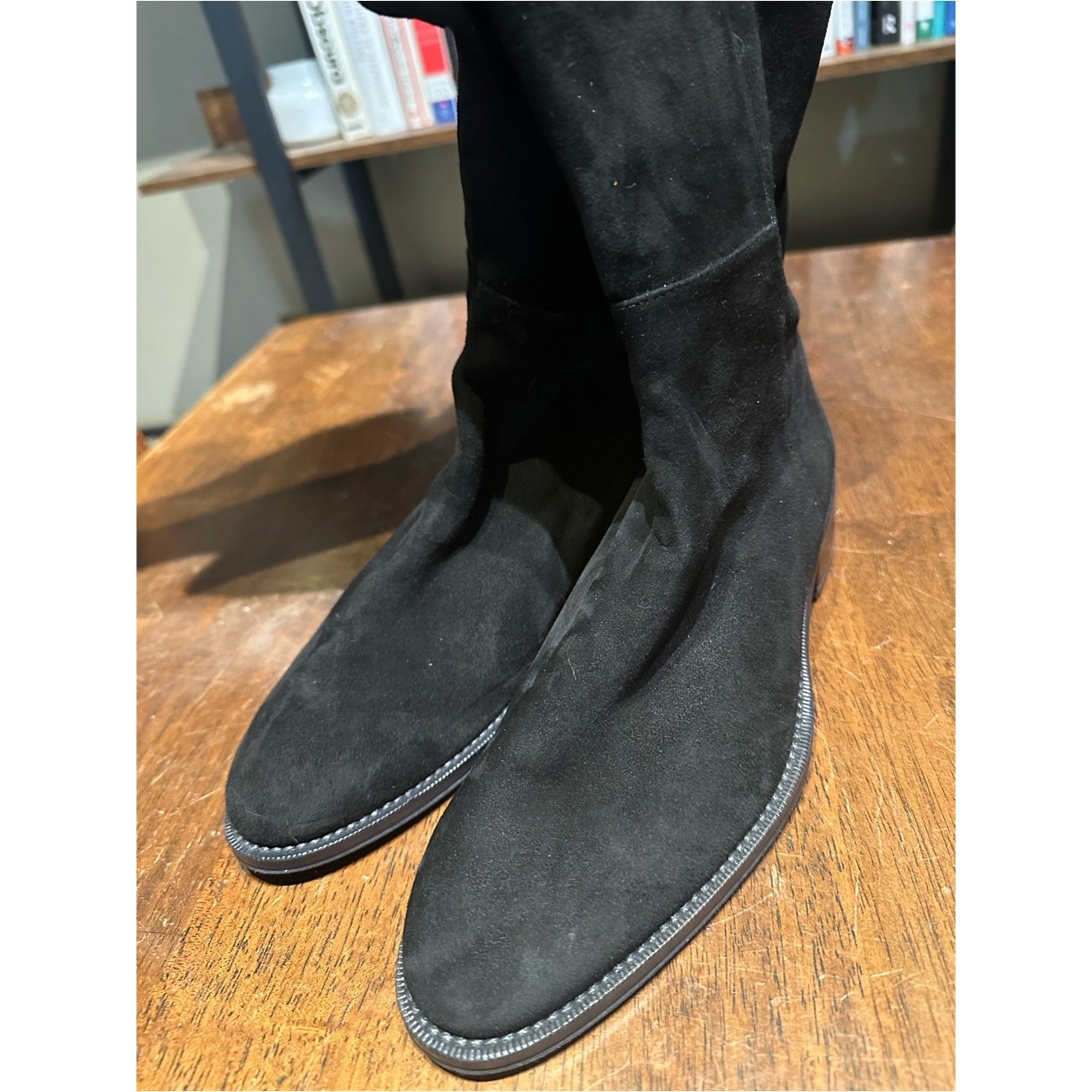 Stuart Weitzman Black Suede Knee High Pull On Flat Boots Size 6.5M Made in Spain