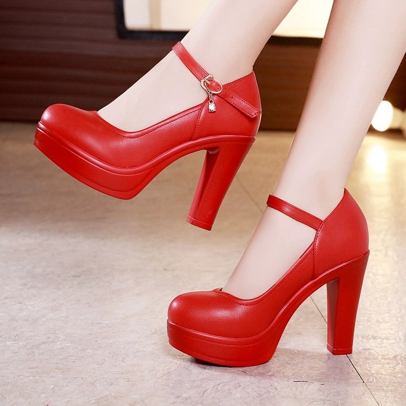 Women’s Leather Platform Block Heels Mary Jane Pump Ankle Strap Work Dress Shoes