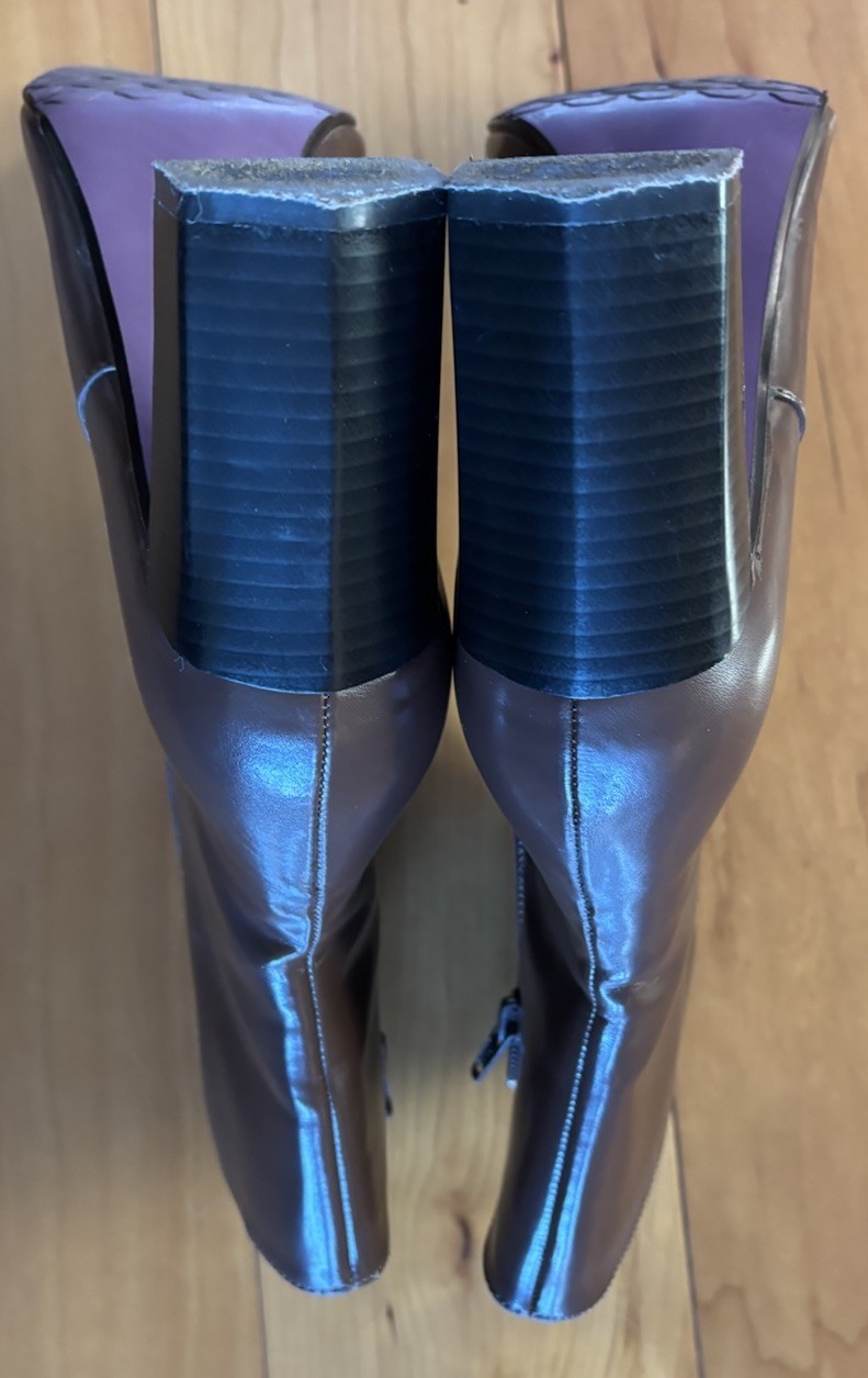 Suzanne Somers Mod Boots Brown Faux Leather Ankle Boot Lined 7.5 M 3.25″ Heel