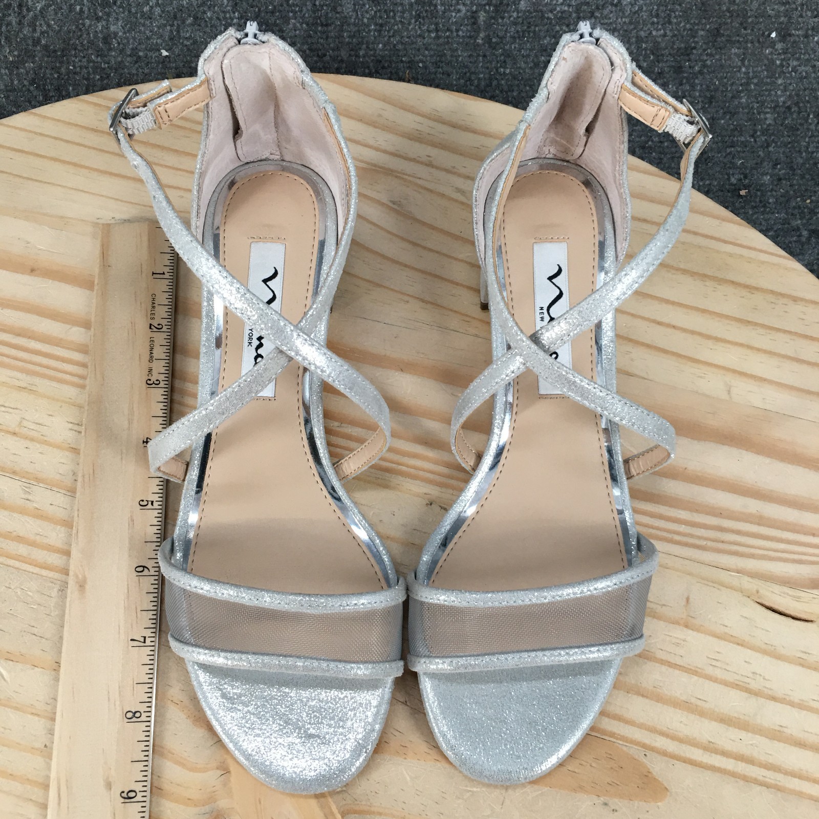 Nina Sandals Womens 6 M Ankle Strap Back Zip Casual Comfort Block Heels Silver