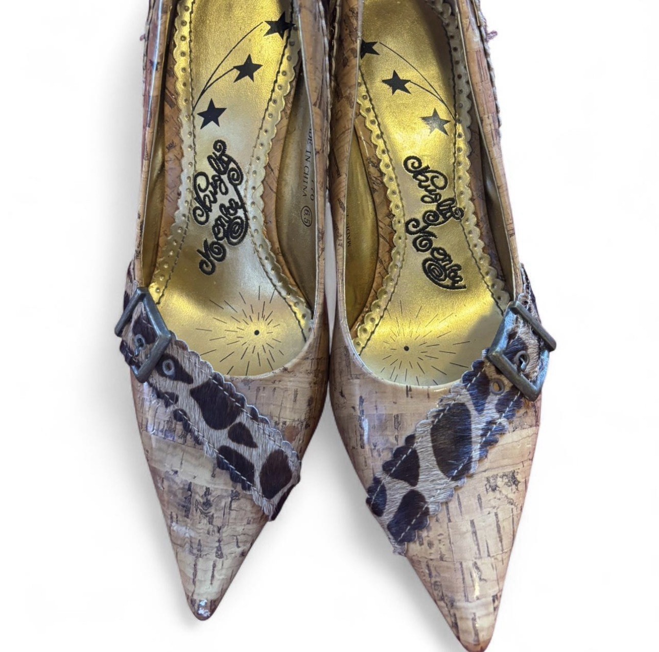 Naughty Monkey Cork Board Print Stiletto Heels Giraffe Print Buckle Size 6.5