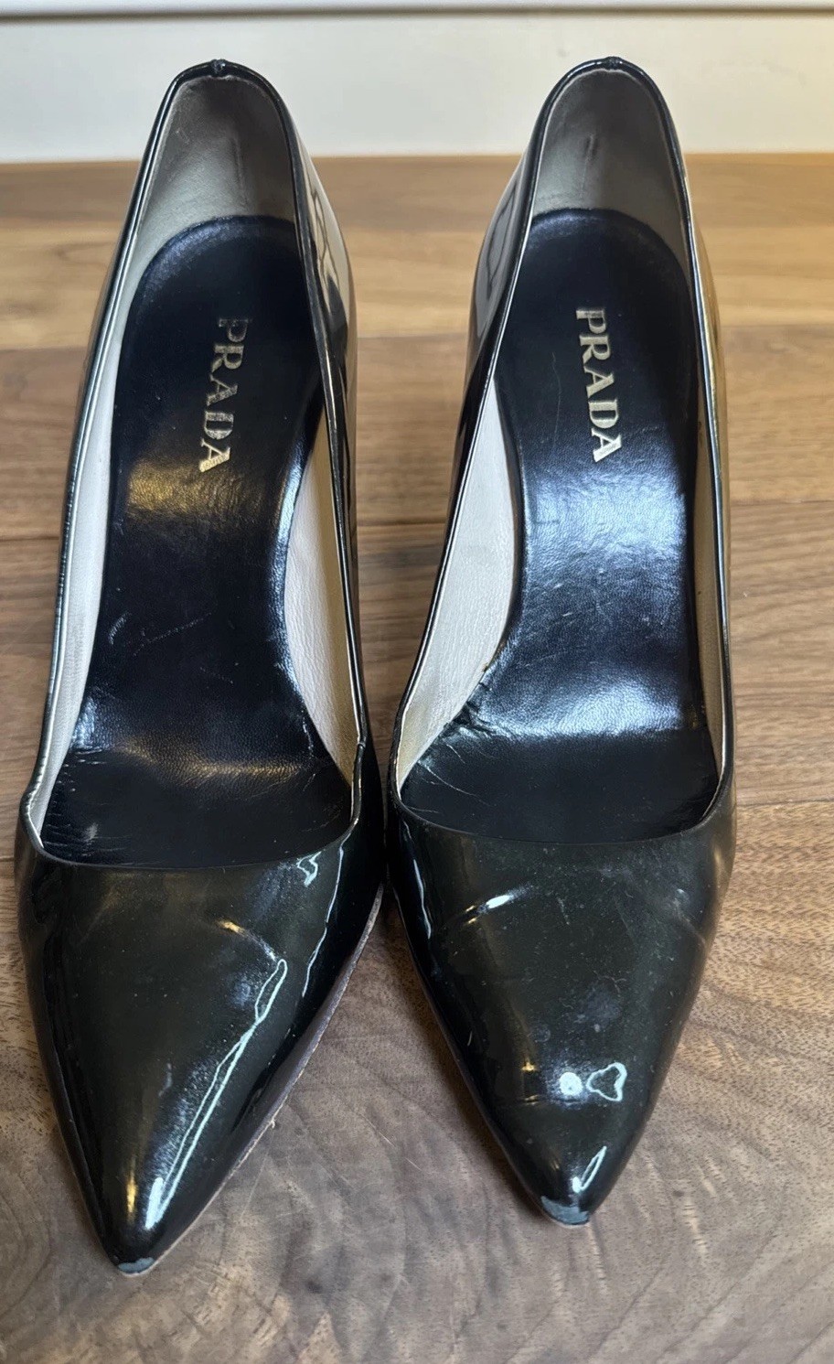 Prada Pumps Black Patent Leather Size 36 Pointed Toe Heels Designer 3.5 In Heel