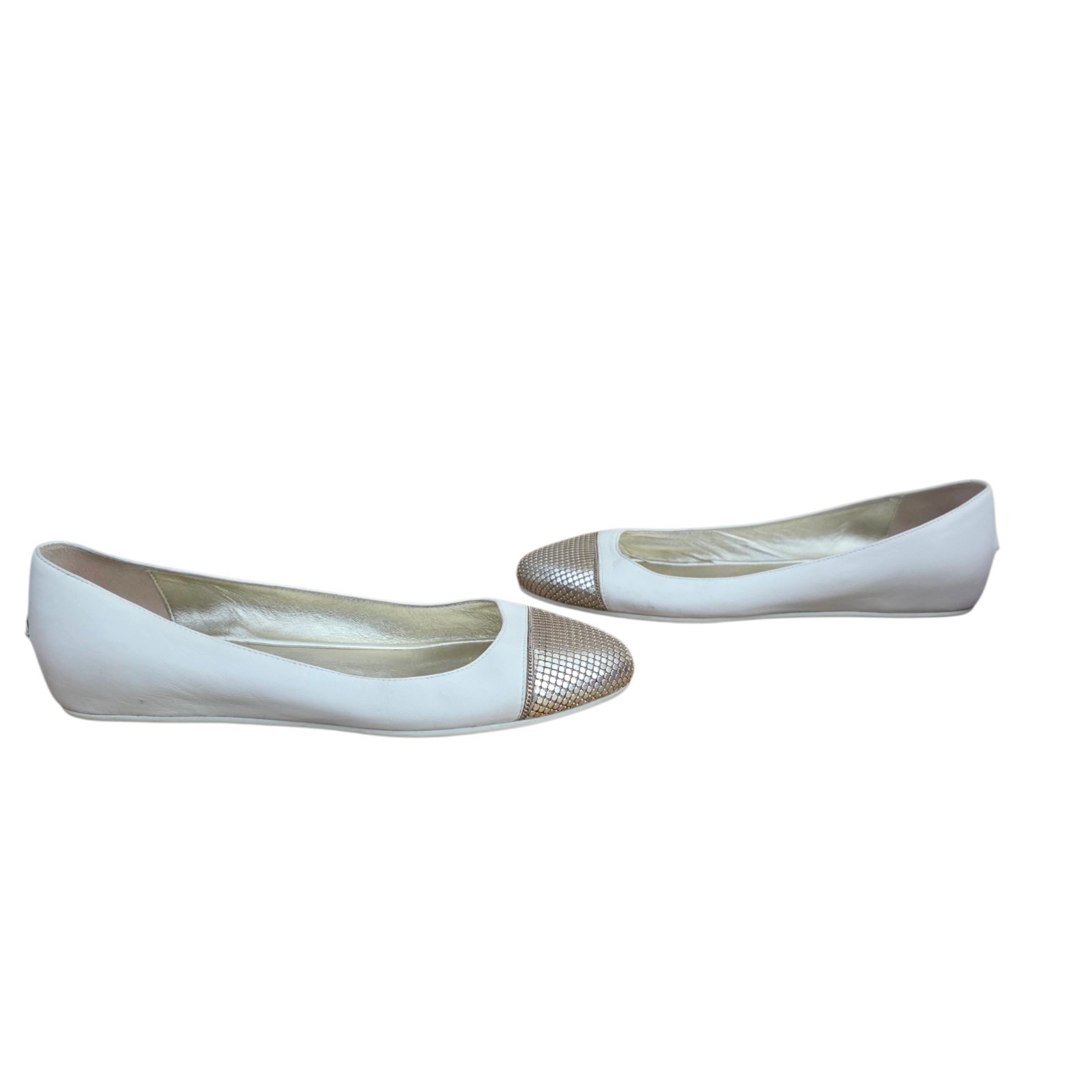 Jimmy Choo Waine White Leather Flats Gold Chain Mesh Toe Cap 38 8 JN