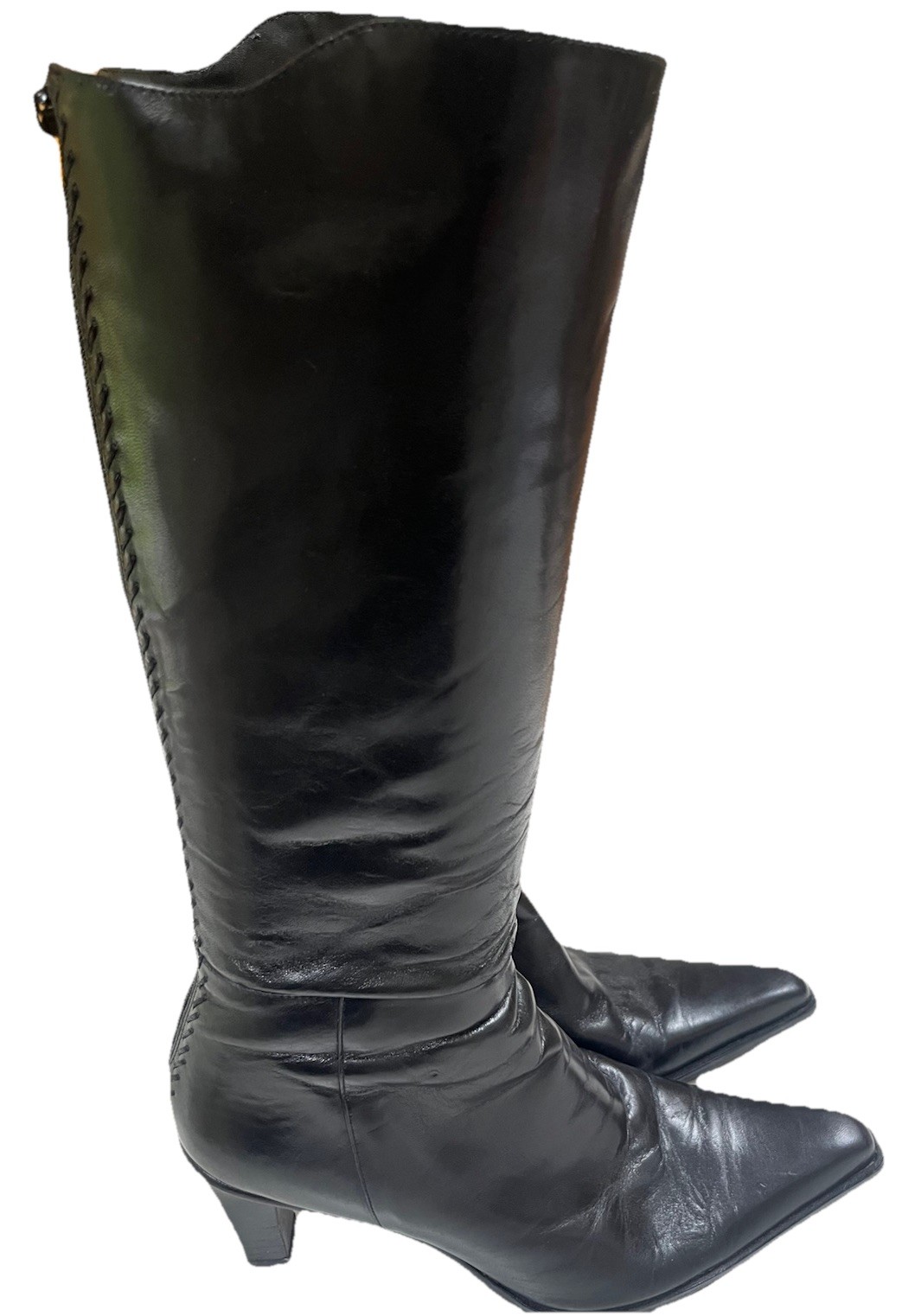 BCBG MAXAZRIA LEATHER BOOTS BLACK SIZE 8.5 KNEE HIGH LONG ZIP UP EXCELLENT COND